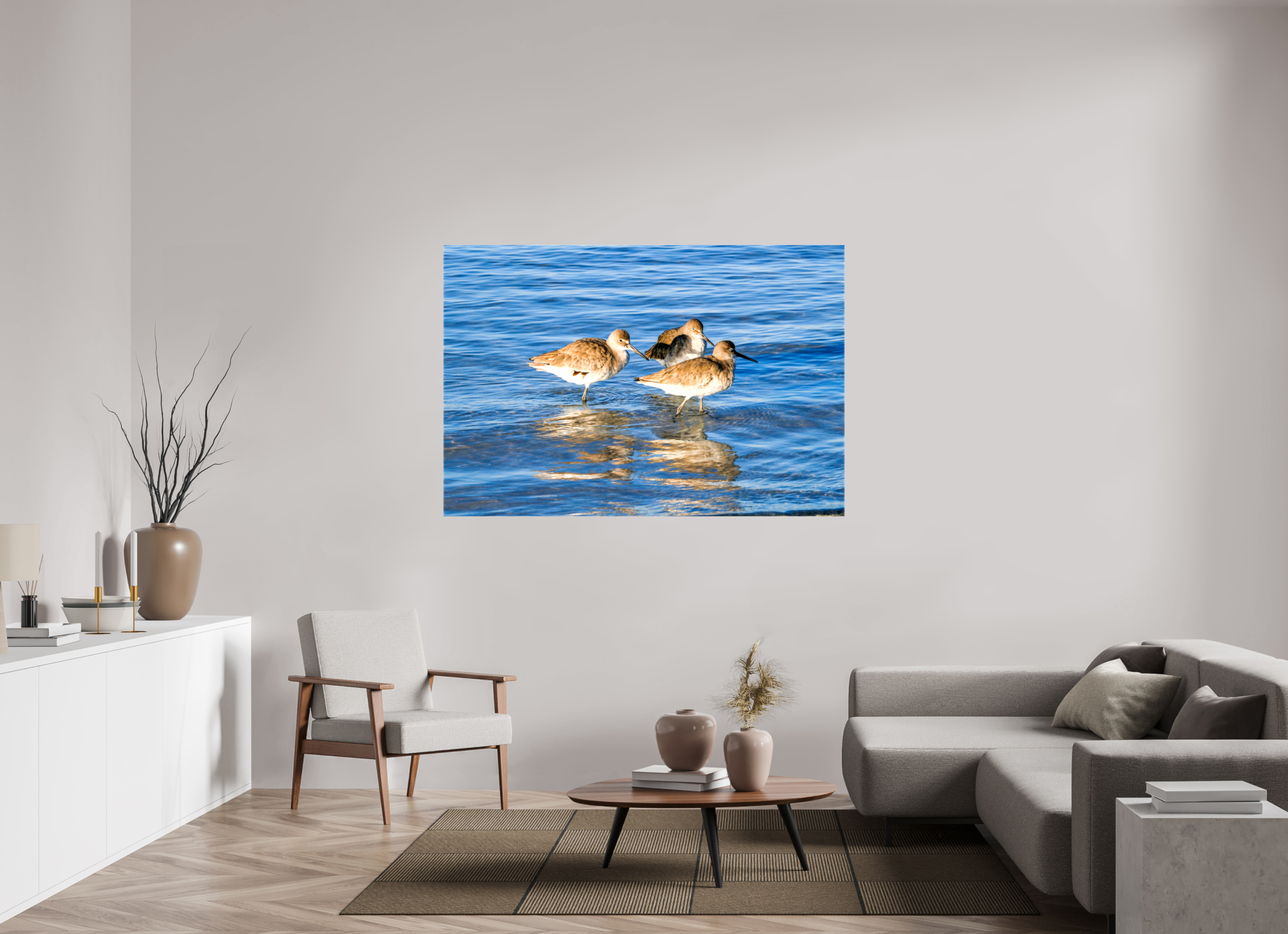 63.7 x 43″, Glossy Canvas on Stretcher Frame, 1,57" Wrapped The Shoreline Trio: Willets in the Surf