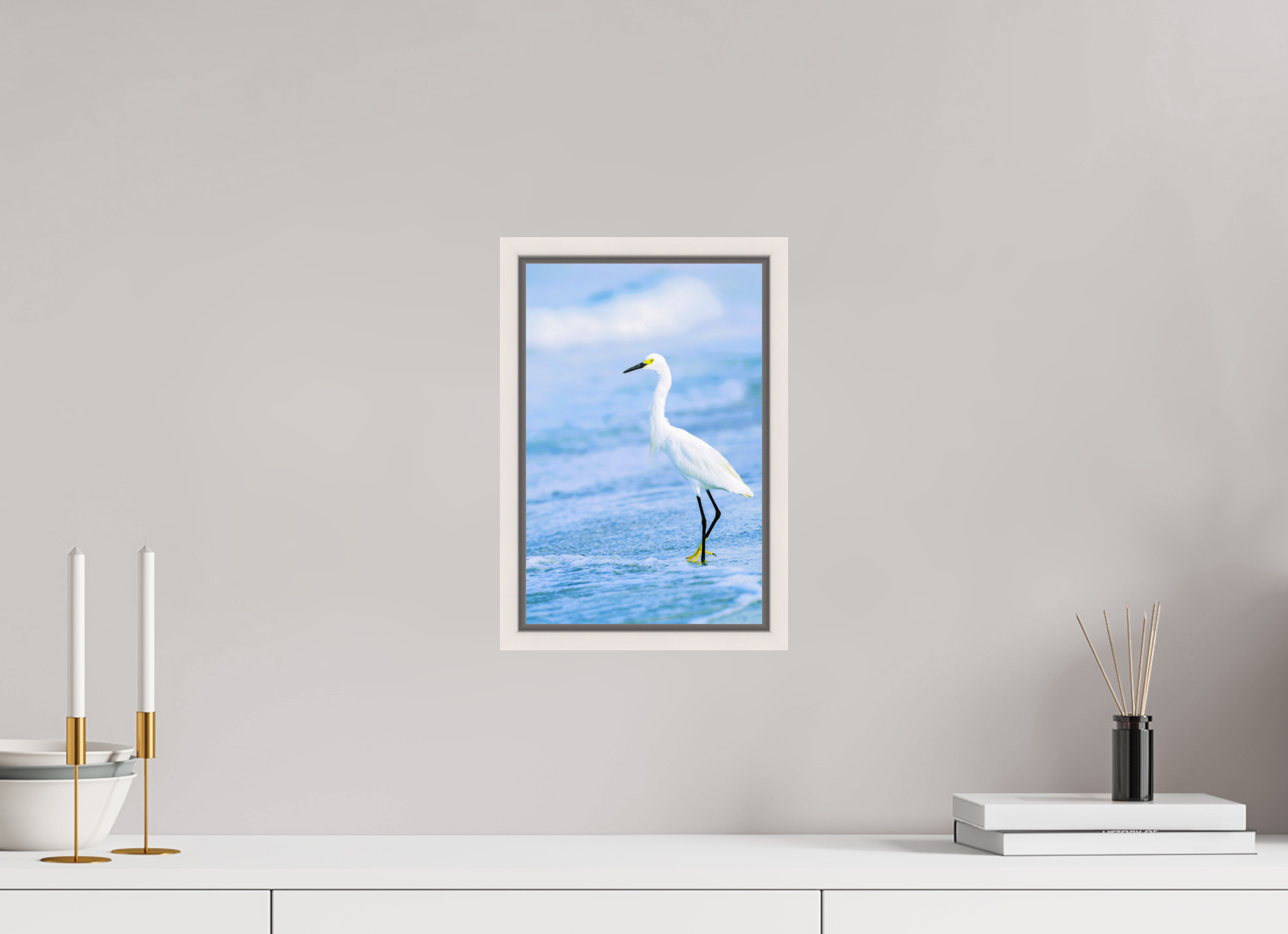8 x 12.2″, Floater Frame, Basel 0.6", Maple White, Glossy Acrylic Glass Snowy Egret in Azure