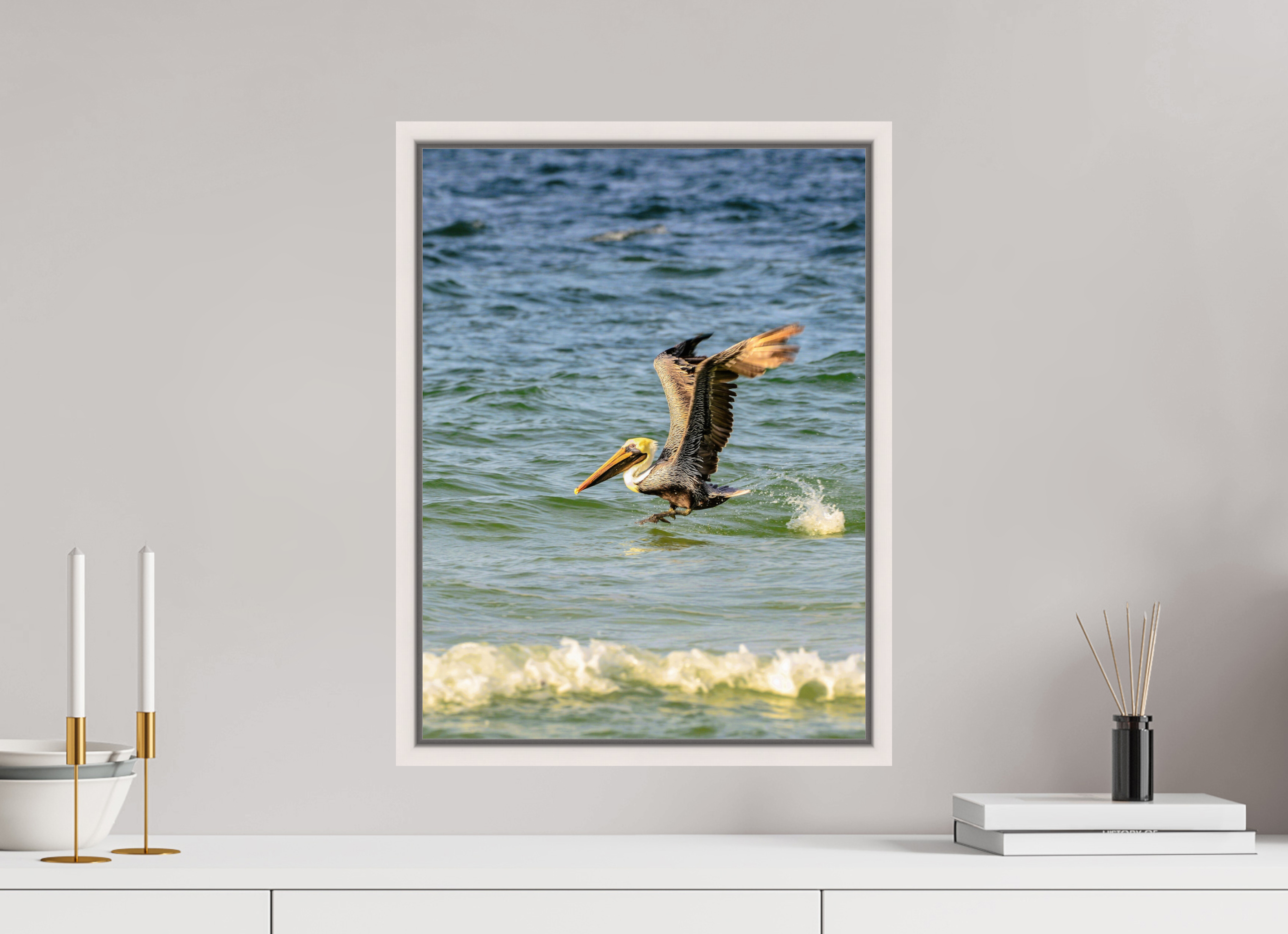 15 x 20″, Floater Frame, Basel 0.6", Maple White, Glossy Acrylic Glass Pelican in Flight