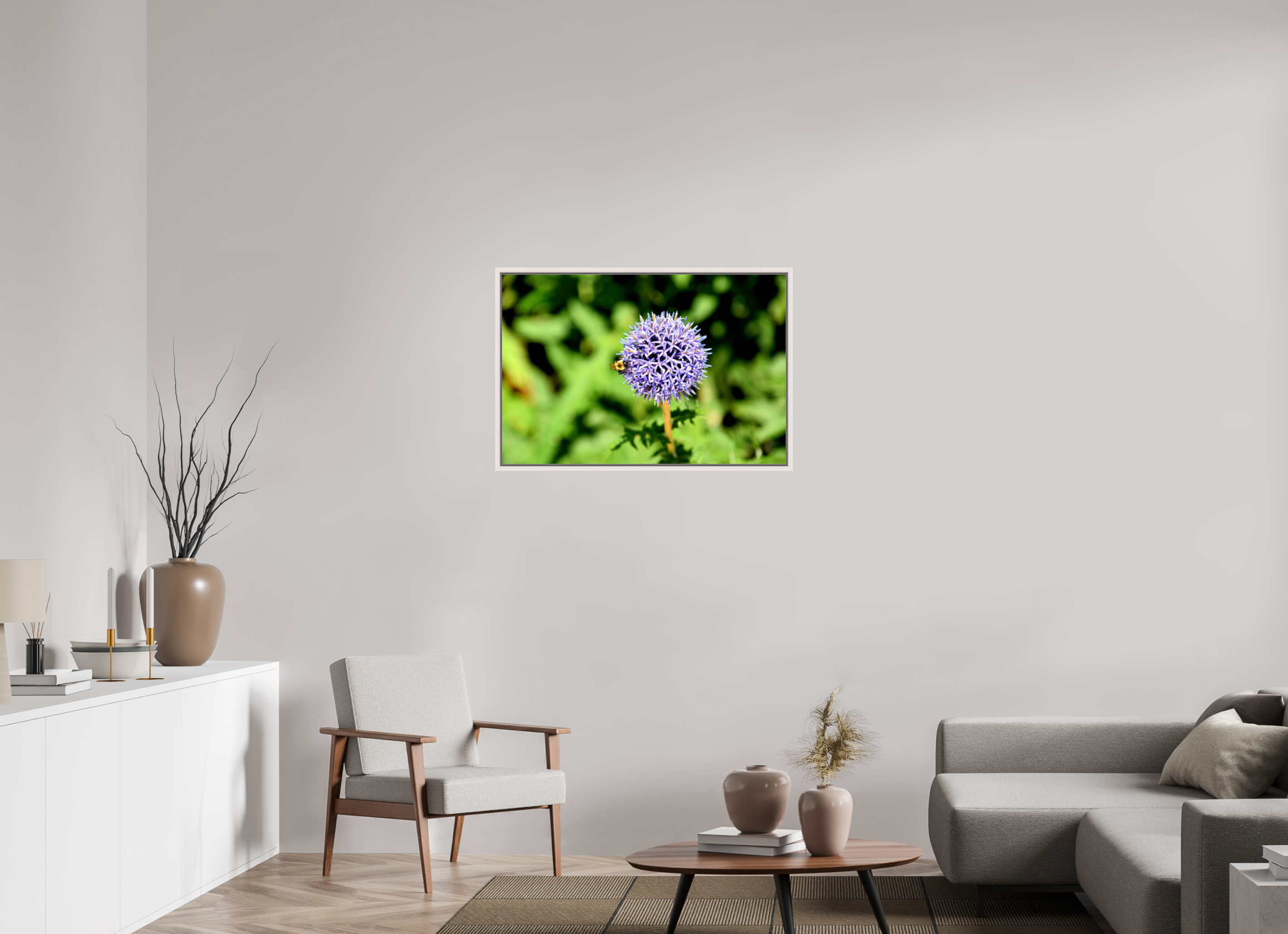 36 x 24″, Floater Frame, Basel 0.6", Maple White, Glossy Acrylic Glass The Bee & The Globe Thistle (Echinops)