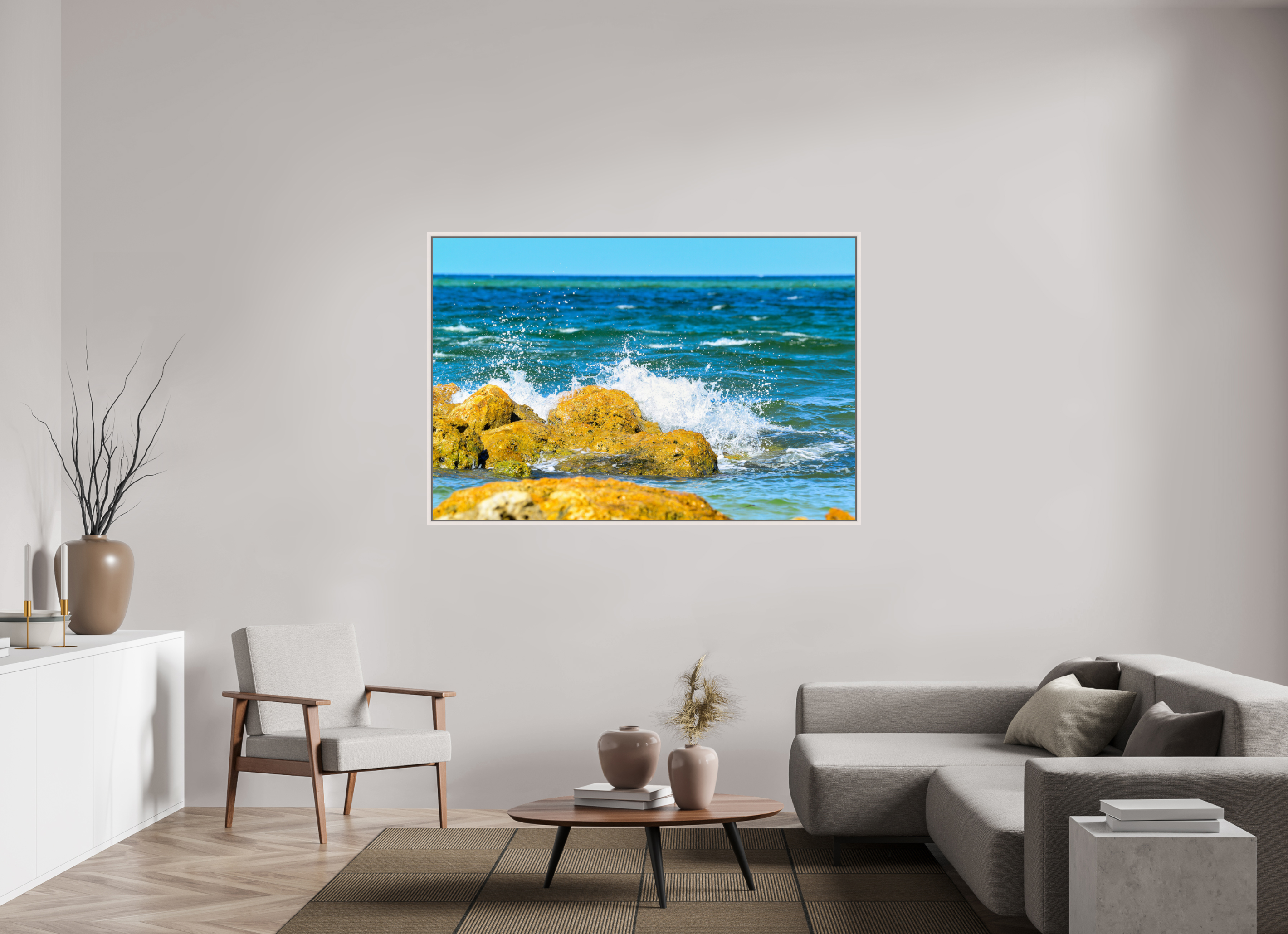 66 x 44″, Floater Frame, Basel 0.6", Maple White, Glossy Acrylic Glass The Ocean’s Impact