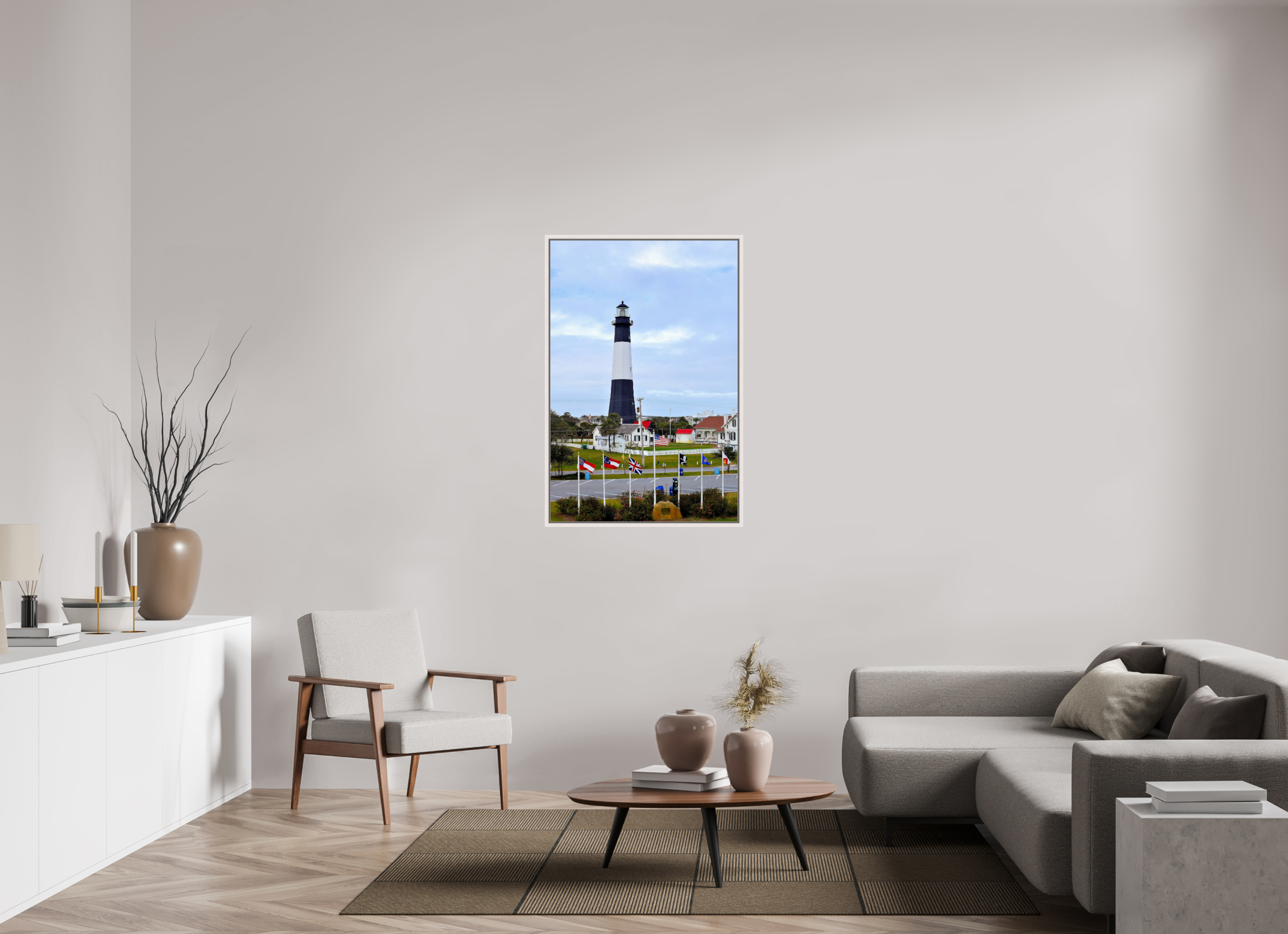 30 x 45″, Floater Frame, Basel 0.6", Maple White, Glossy Acrylic Glass Heritage at Tybee: The Lighthouse & Grounds