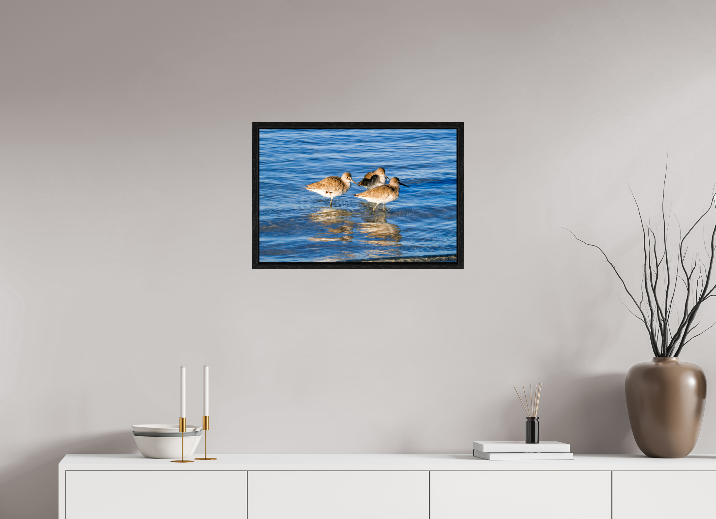 23.7 x 16″, Floater Frame, Basel 0.6", Black Oak, Glossy Acrylic Glass The Shoreline Trio: Willets in the Surf