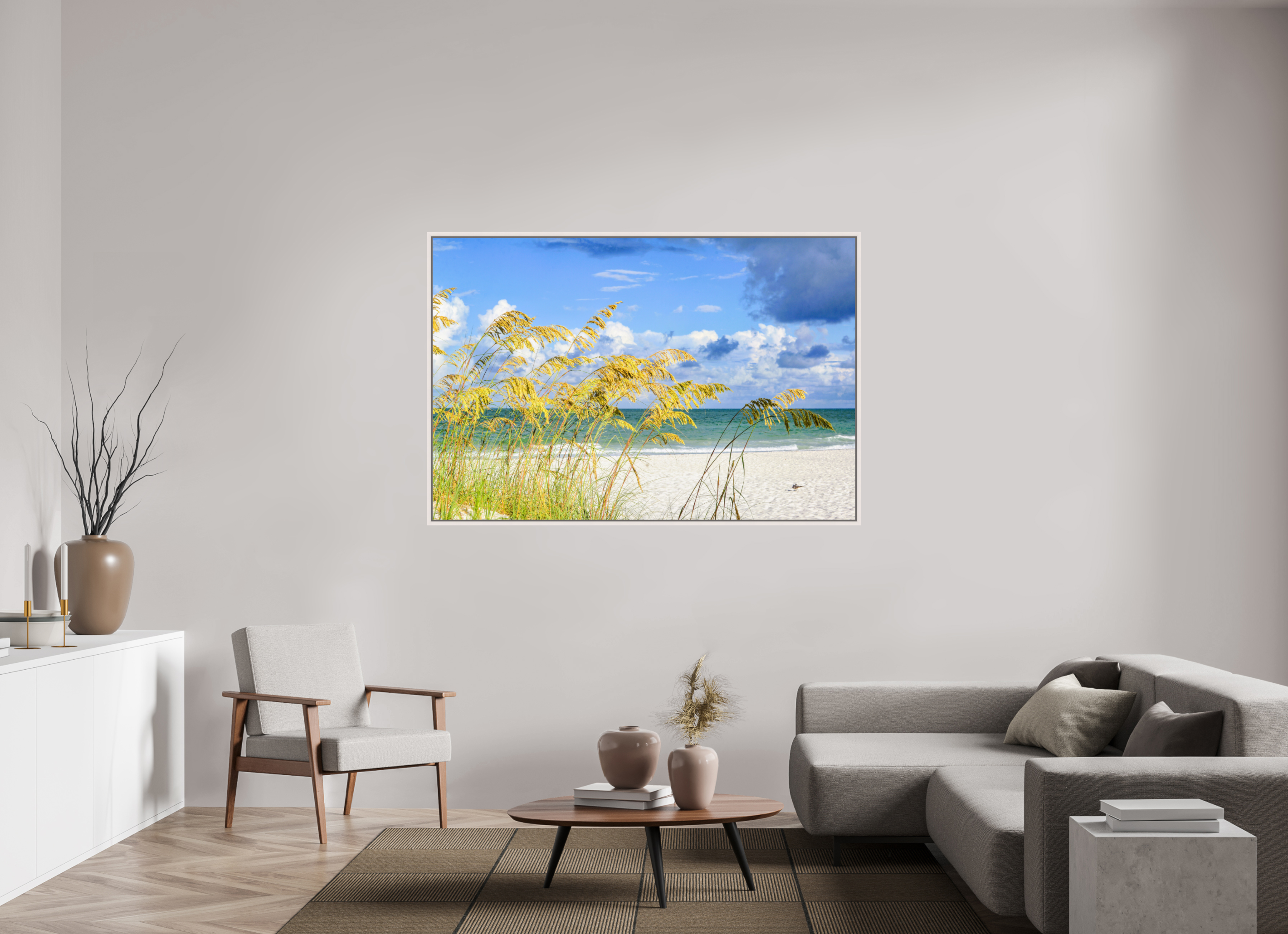 66 x 44″, Floater Frame, Basel 0.6", Maple White, Glossy Acrylic Glass Golden Sea Oats
