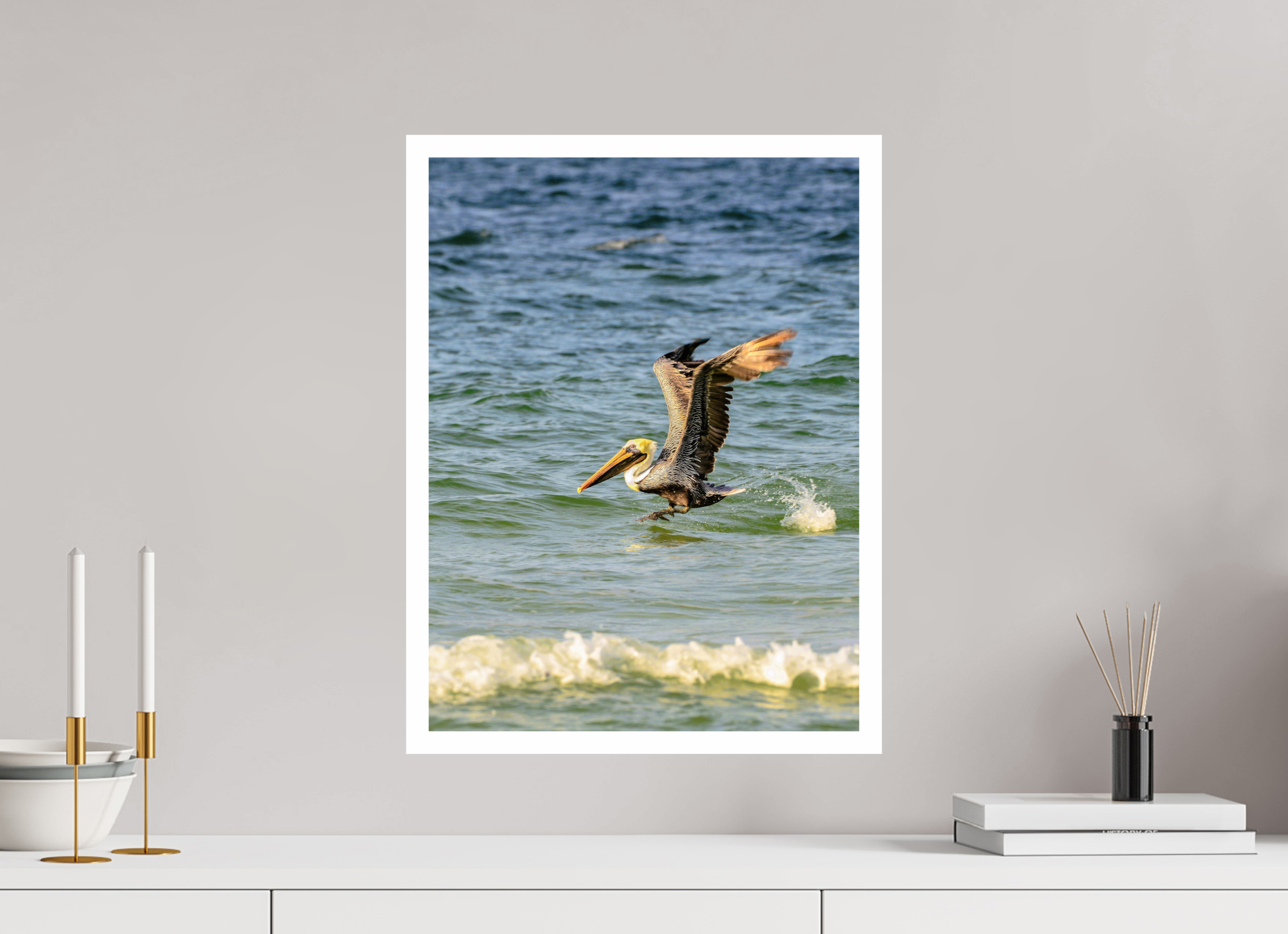 15 x 20″, Hahnemühle FineArt Pearl Print, .79" white border Pelican in Flight