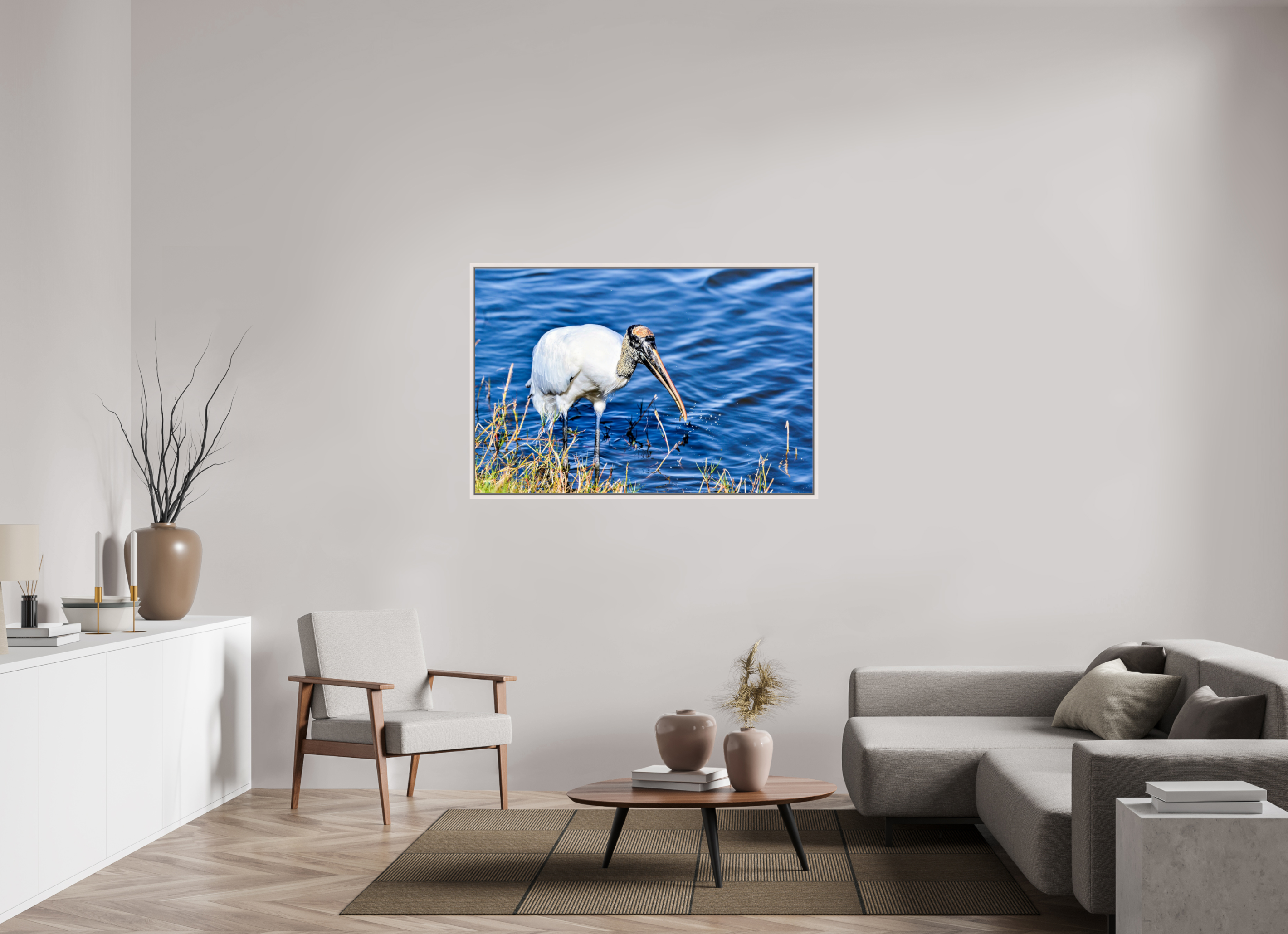 54 x 36″, Floater Frame, Basel 0.6", Maple White, Glossy Acrylic Glass The Morning Catch: Wood Stork in Action