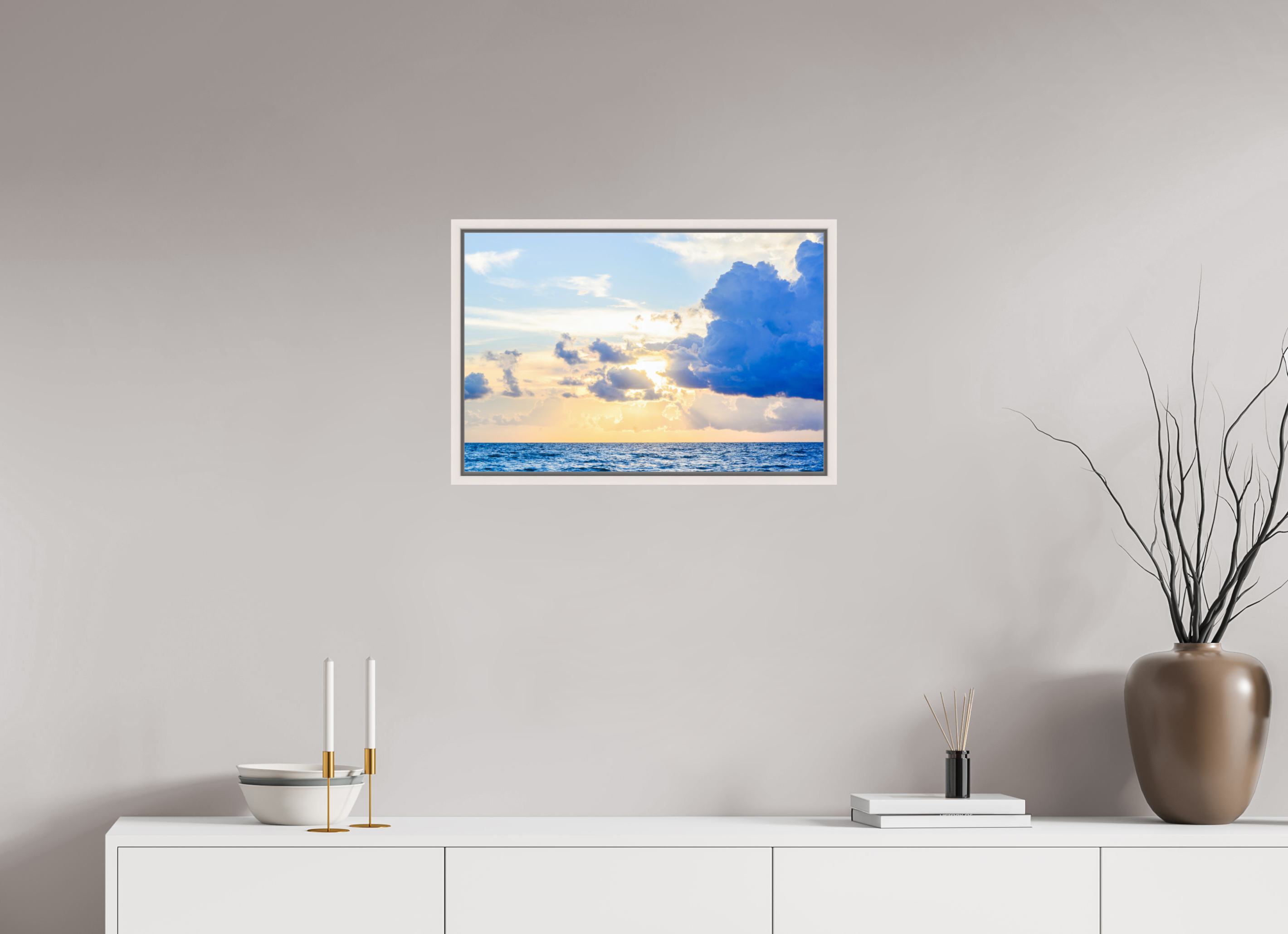 24 x 16″, Floater Frame, Basel 0.6", Maple White, Glossy Acrylic Glass Breaking Through The Clouds