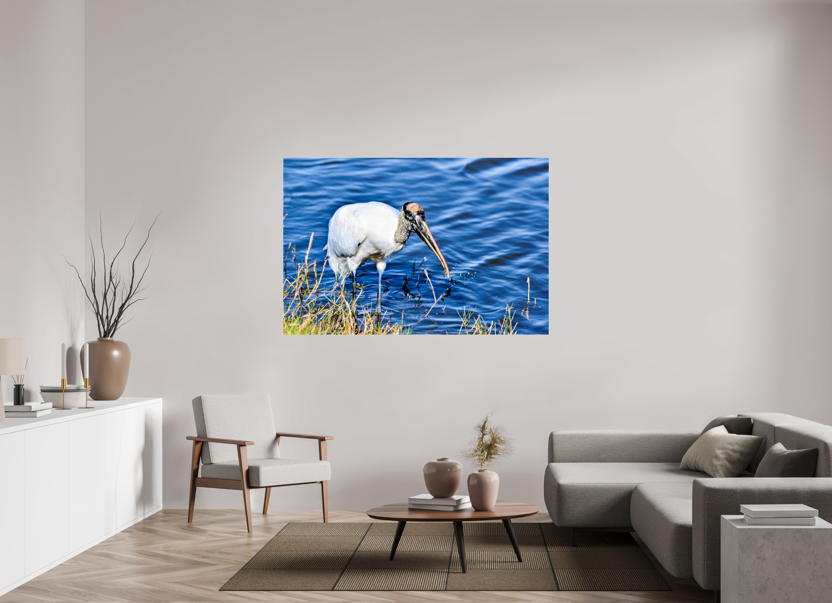 66 x 44″, Metallic Photo Print Under Acrylic Glass The Morning Catch: Wood Stork in Action