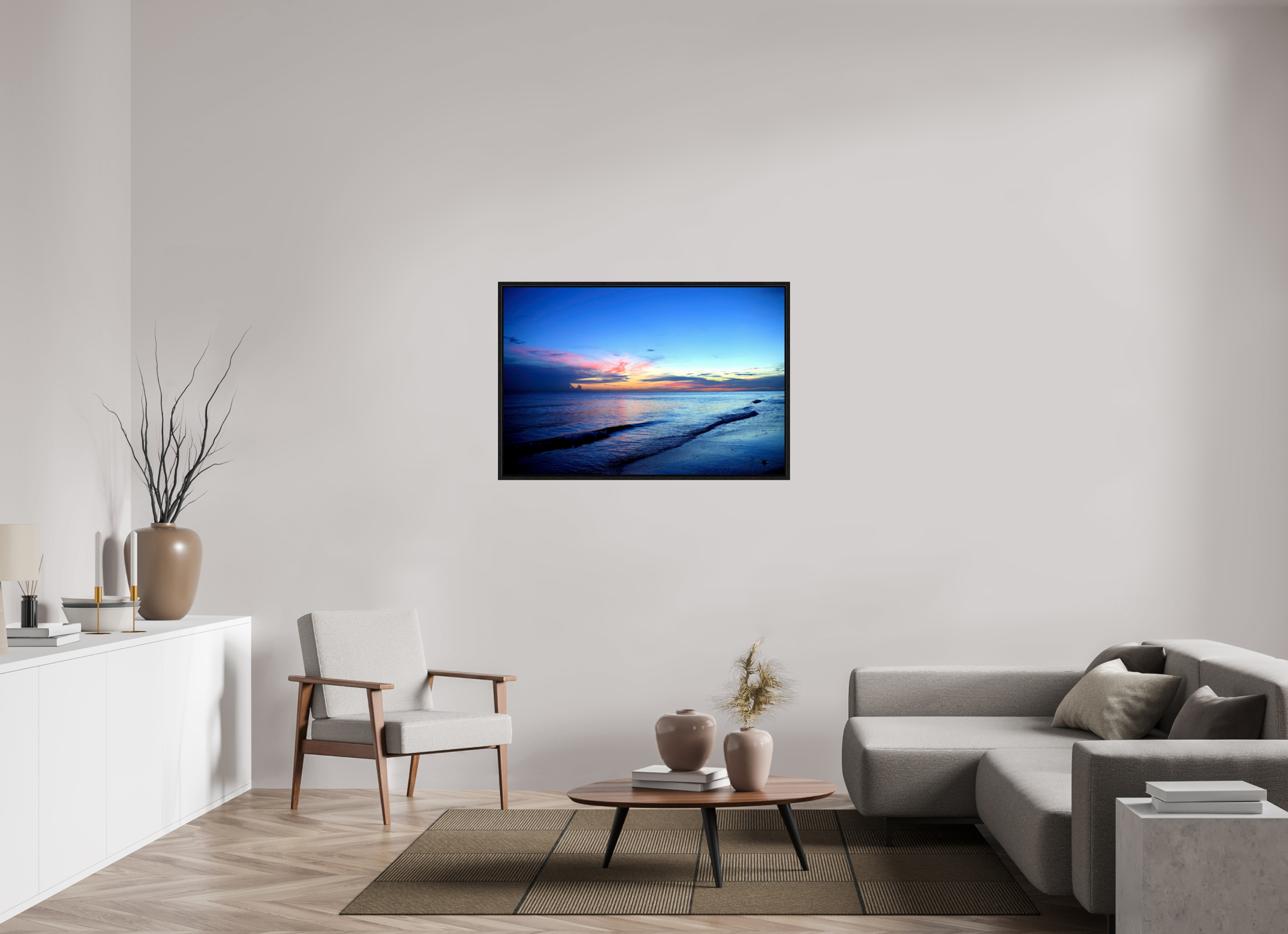 45 x 30″, Floater Frame, Basel 0.6", Black Oak, Glossy Acrylic Glass Indigo Horizon