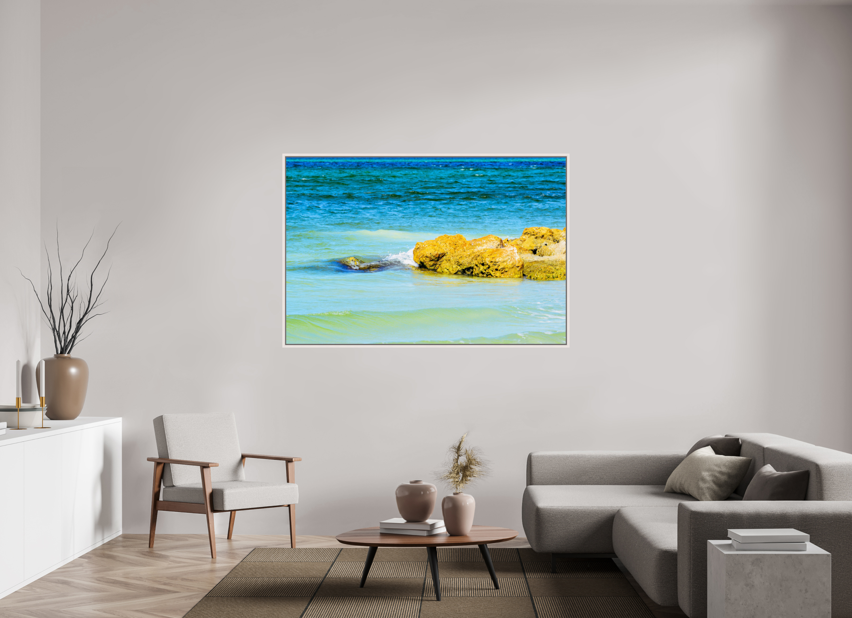 66 x 44″, Floater Frame, Basel 0.6", Maple White, Glossy Acrylic Glass Calm Waters