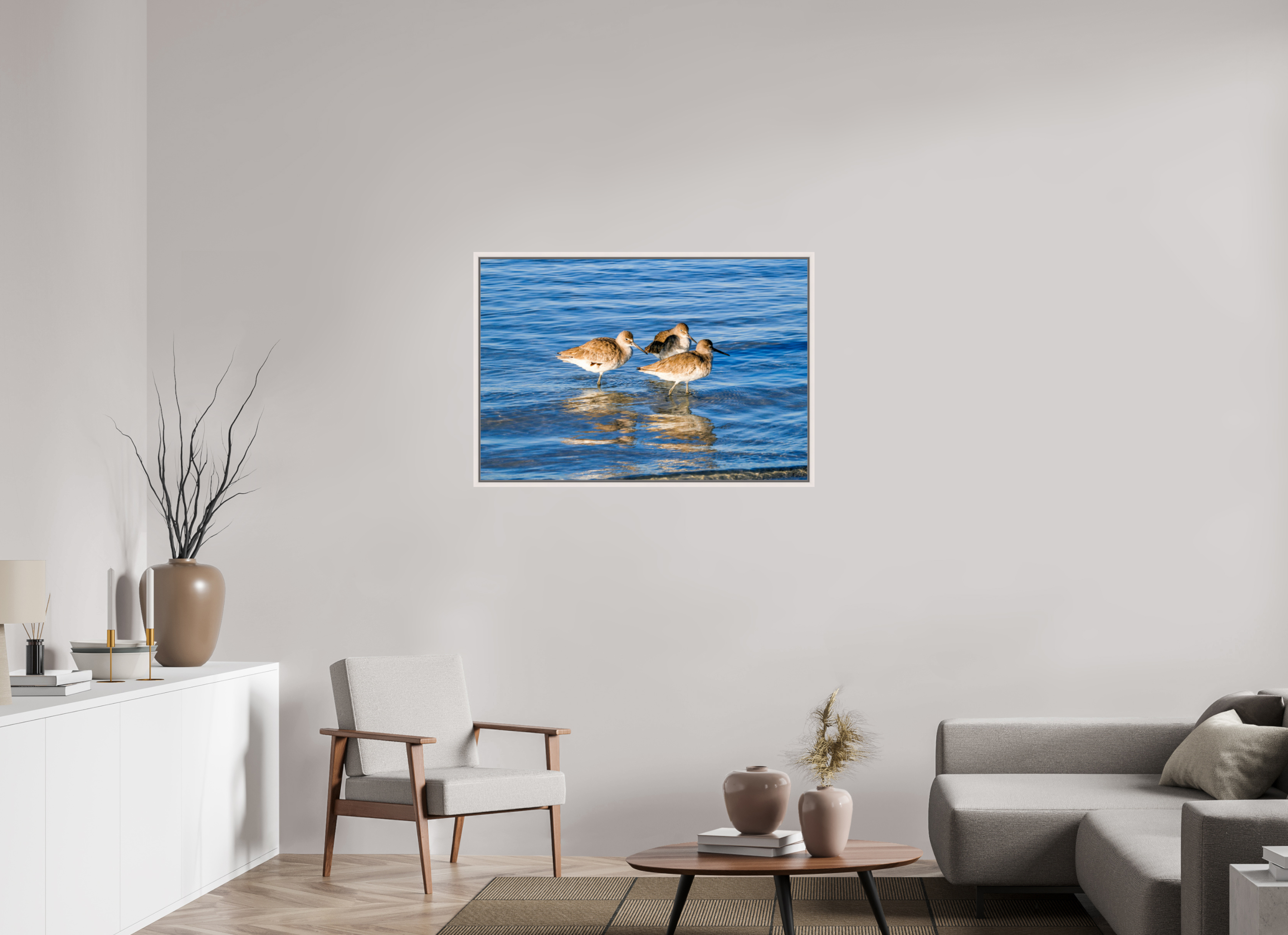 41.5 x 28″, Floater Frame, Basel 0.6", Maple White, Glossy Acrylic Glass The Shoreline Trio: Willets in the Surf