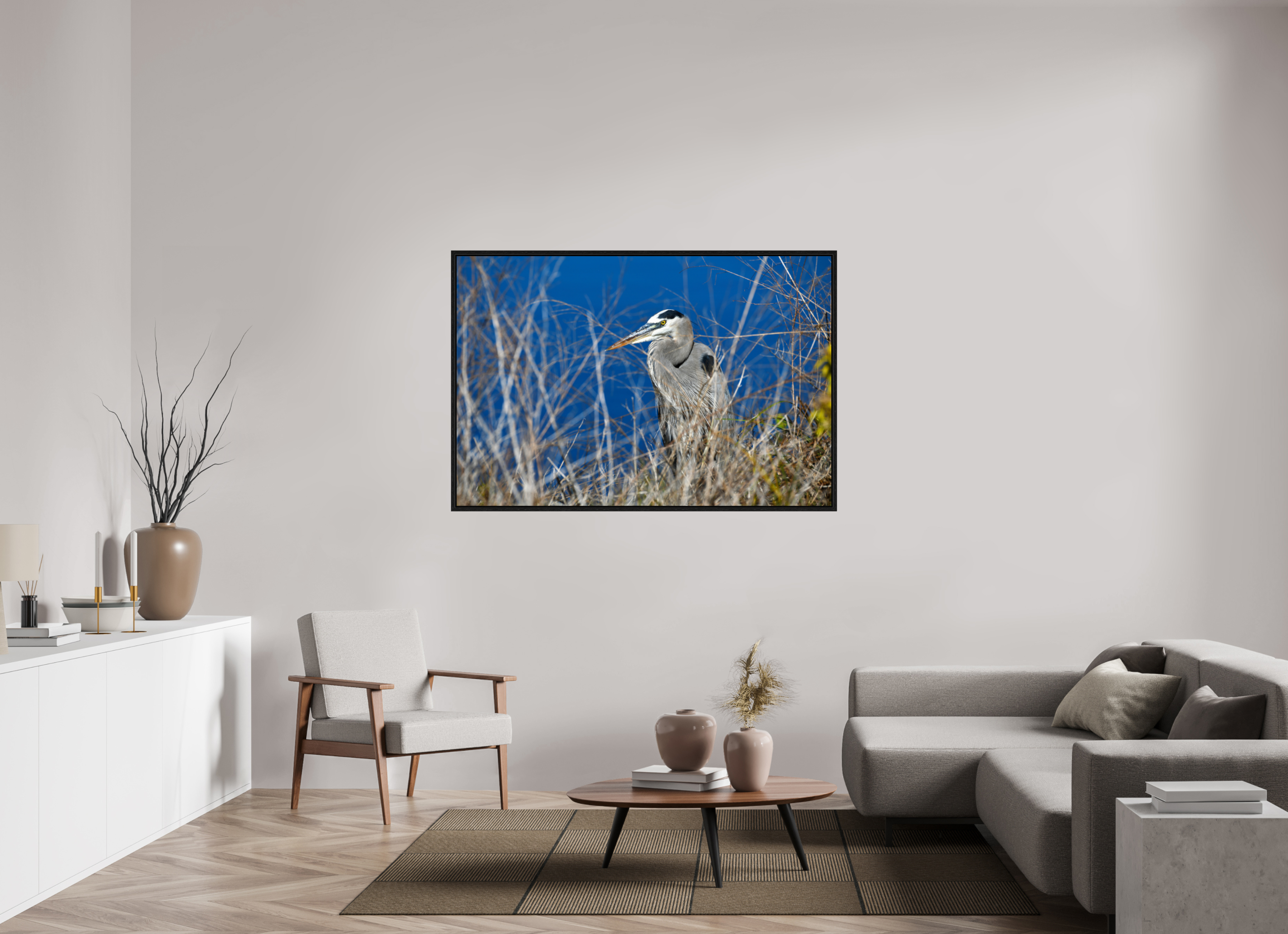 60 x 40″, Floater Frame, Basel 0.6", Black Oak, Glossy Acrylic Glass Hidden Majesty: Great Blue Heron