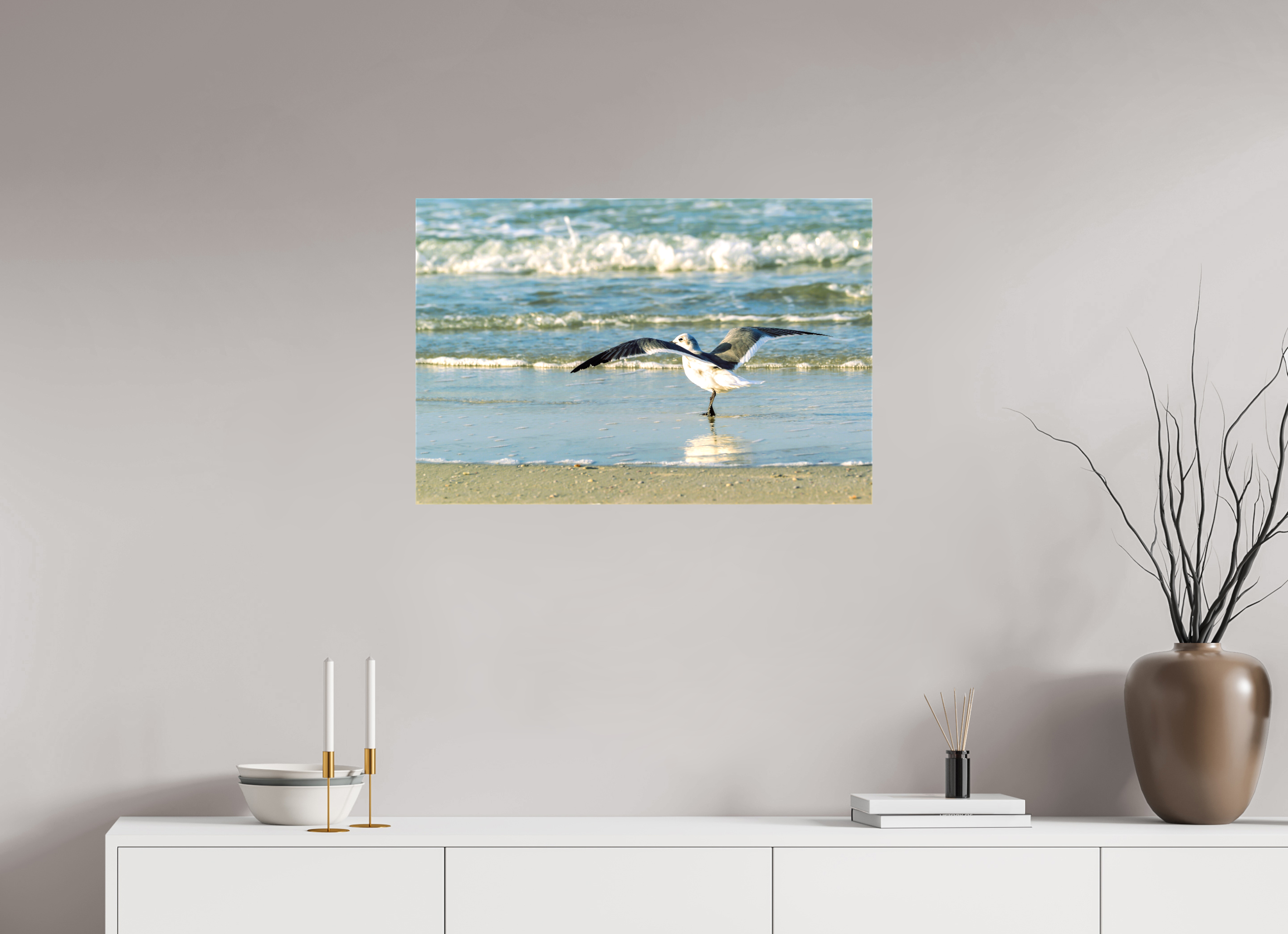 30 x 20″, Glossy Canvas on Stretcher Frame, 1,57" Wrapped Laughing Gull in Motion