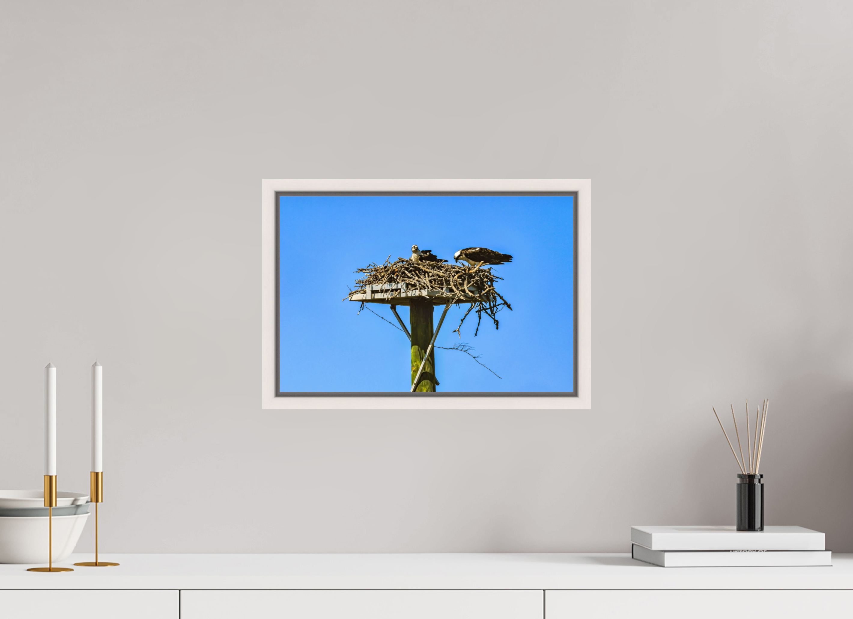 15 x 10″, Floater Frame, Basel 0.6", Maple White, Glossy Acrylic Glass Osprey Outlook
