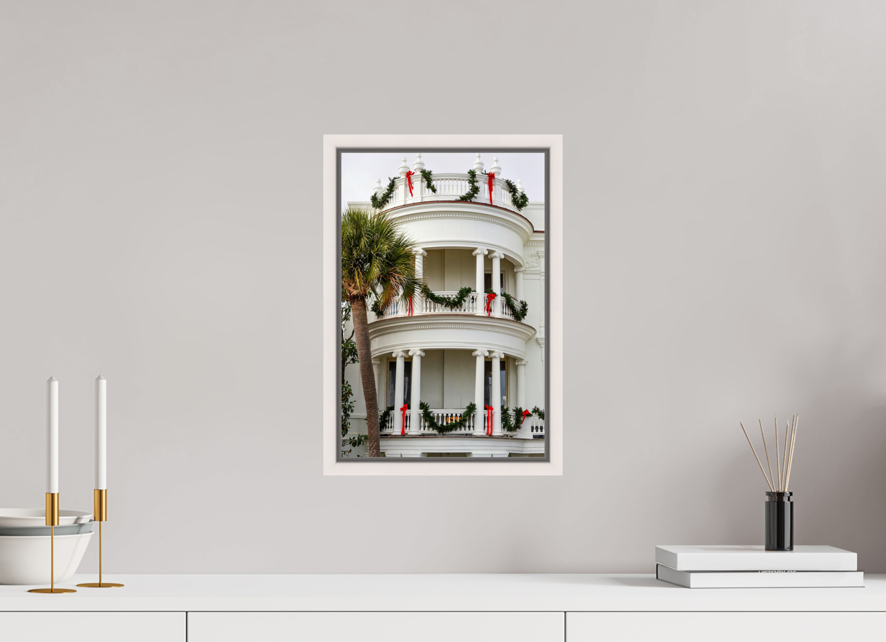 10 x 15″, Floater Frame, Basel 0.6", Maple White, Glossy Acrylic Glass Christmas on the Battery: Porcher-Simonds House