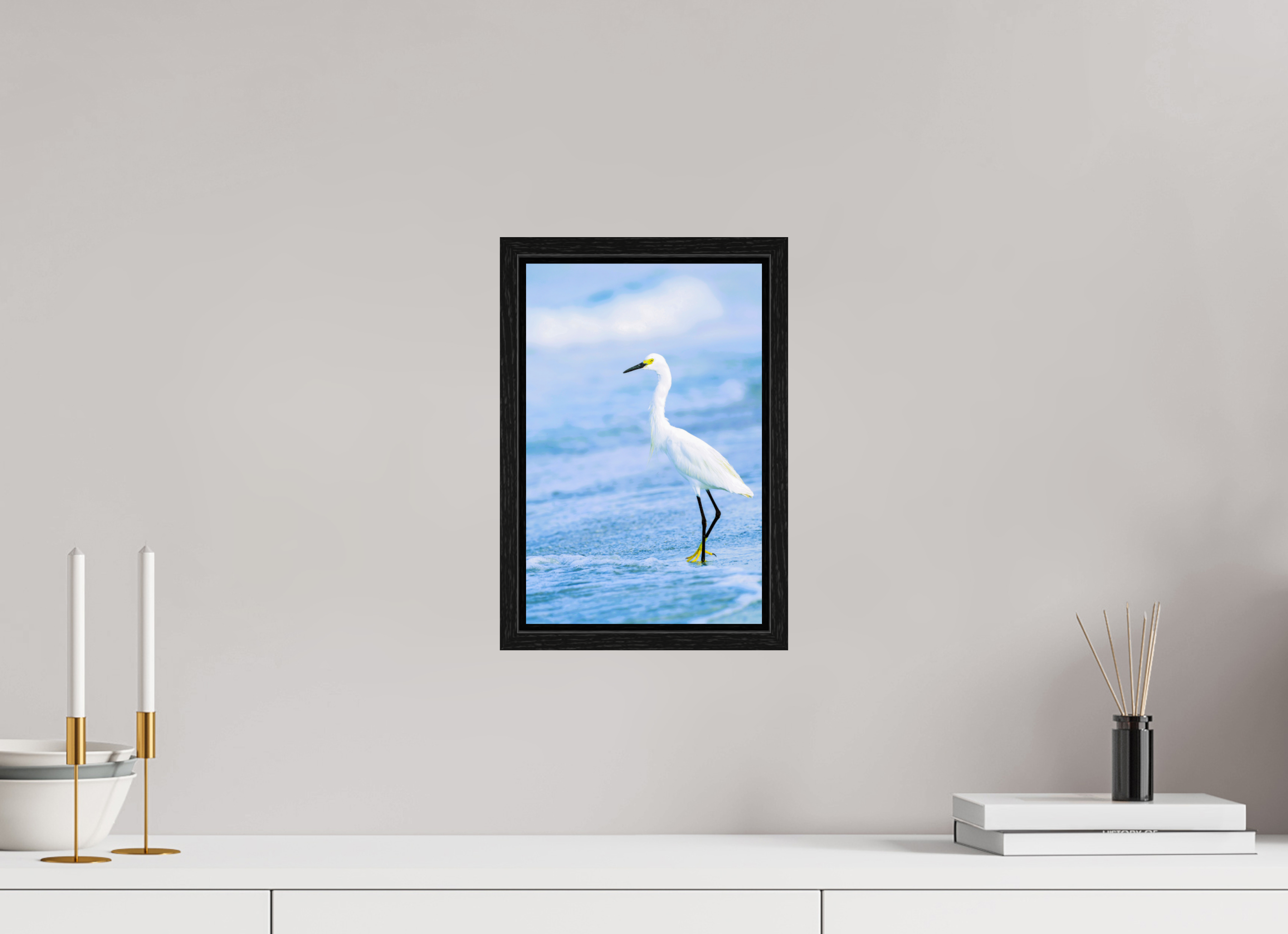 8 x 12.2″, Floater Frame, Basel 0.6", Black Oak, Glossy Acrylic Glass Snowy Egret in Azure