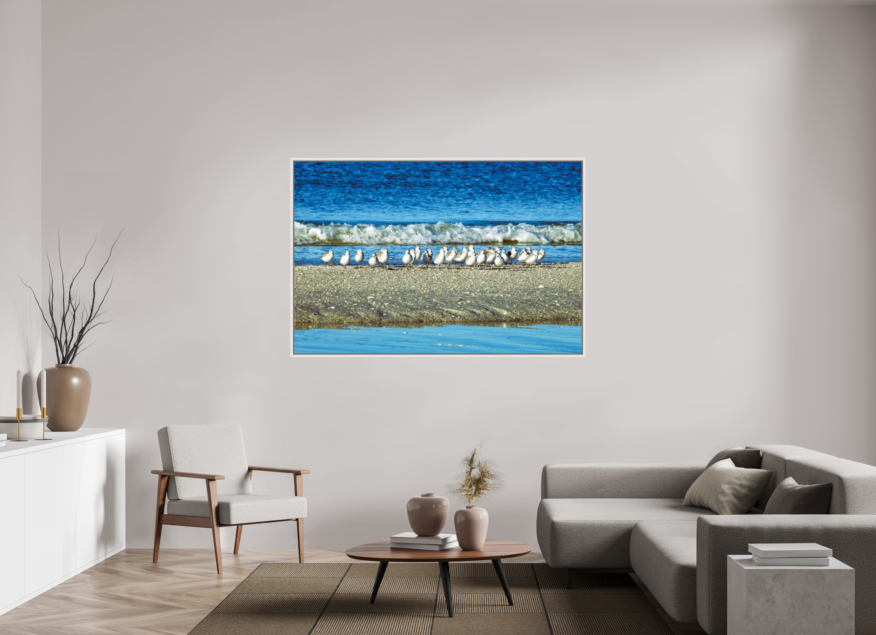 66 x 44″, Floater Frame, Basel 0.6", Maple White, Glossy Acrylic Glass Sanderlings on Standby