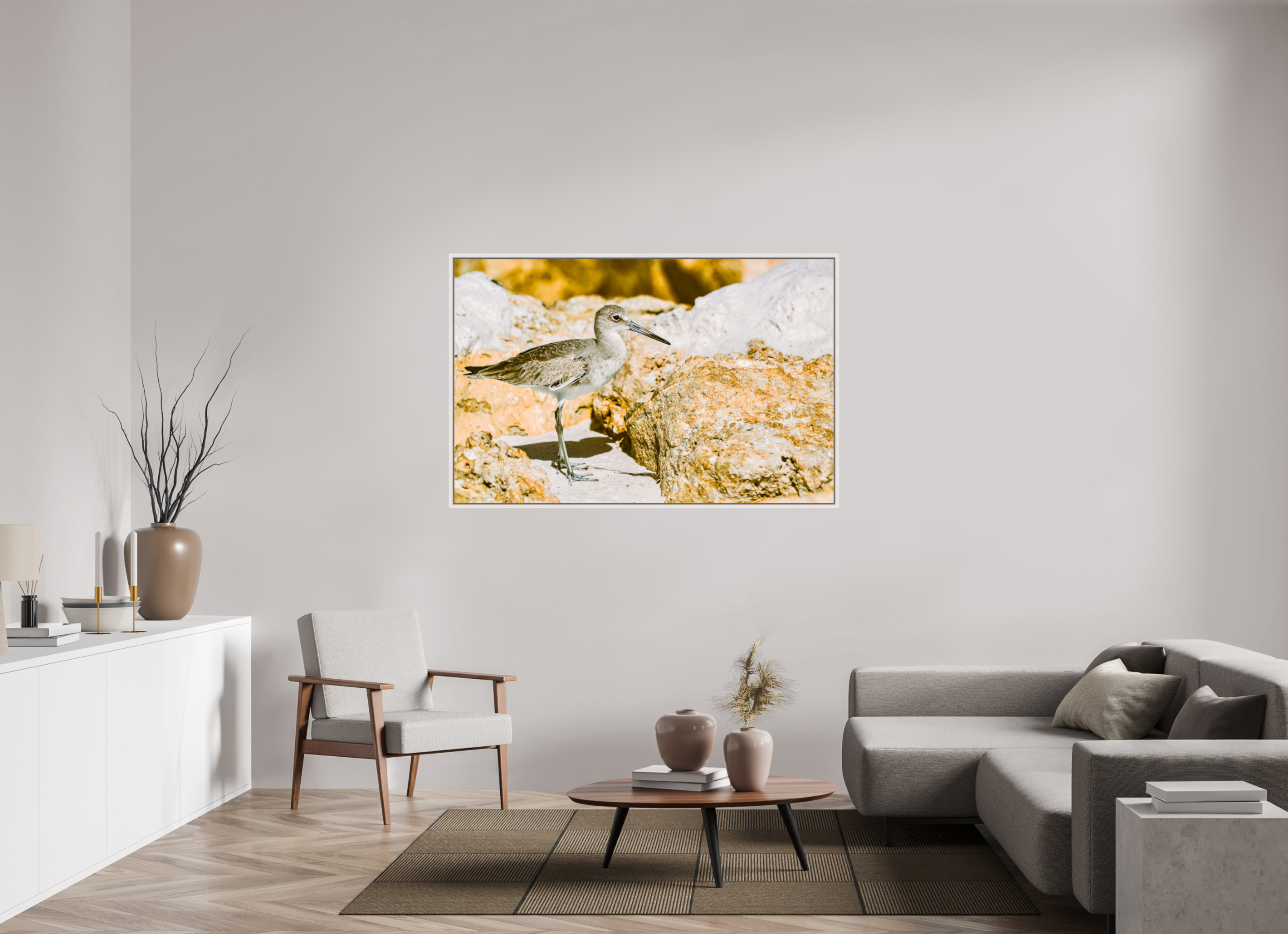 60.7 x 39″, Floater Frame, Basel 0.6", Maple White, Glossy Acrylic Glass The Sunny Willet