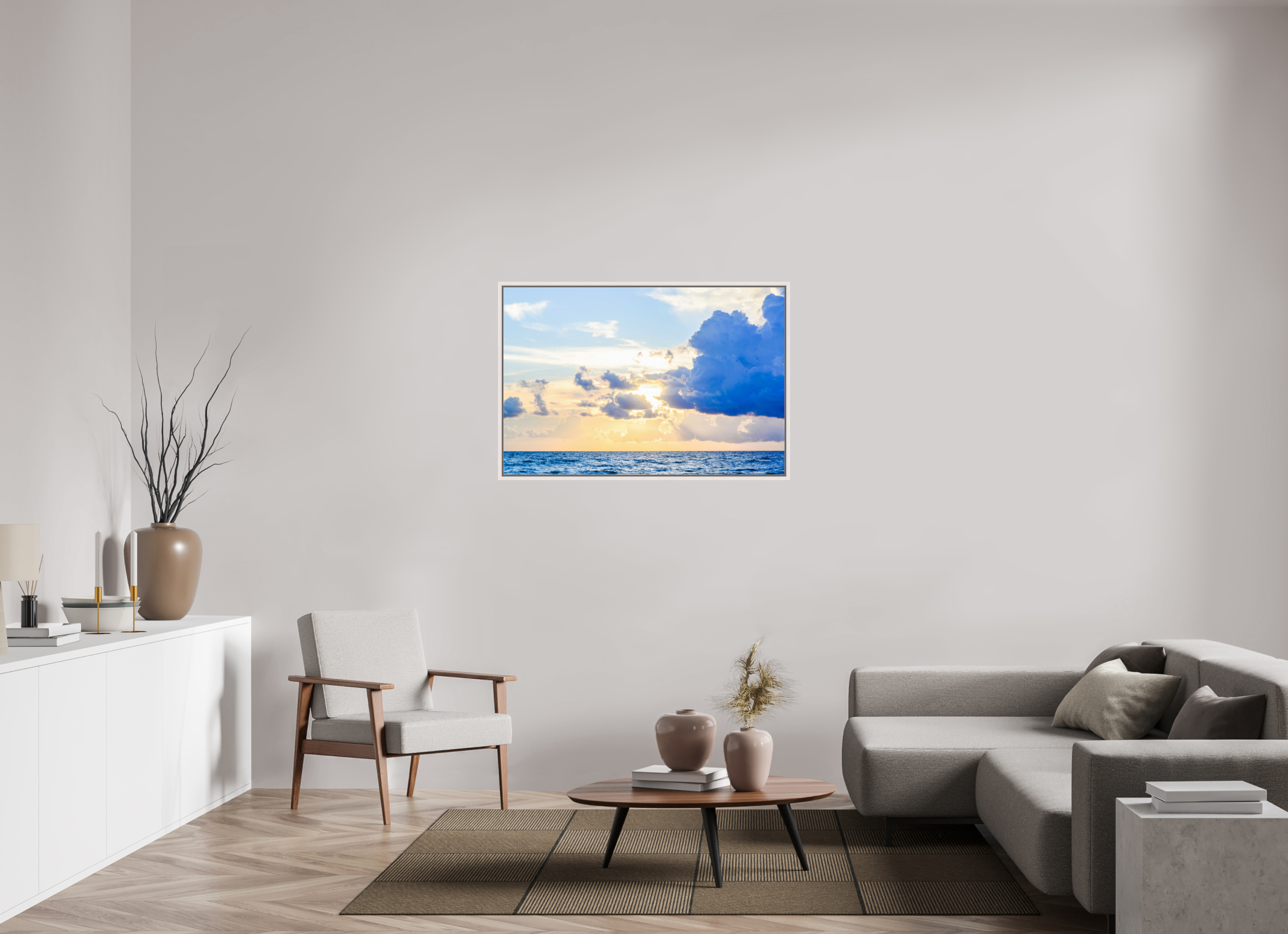 45 x 30″, Floater Frame, Basel 0.6", Maple White, Glossy Acrylic Glass Breaking Through The Clouds