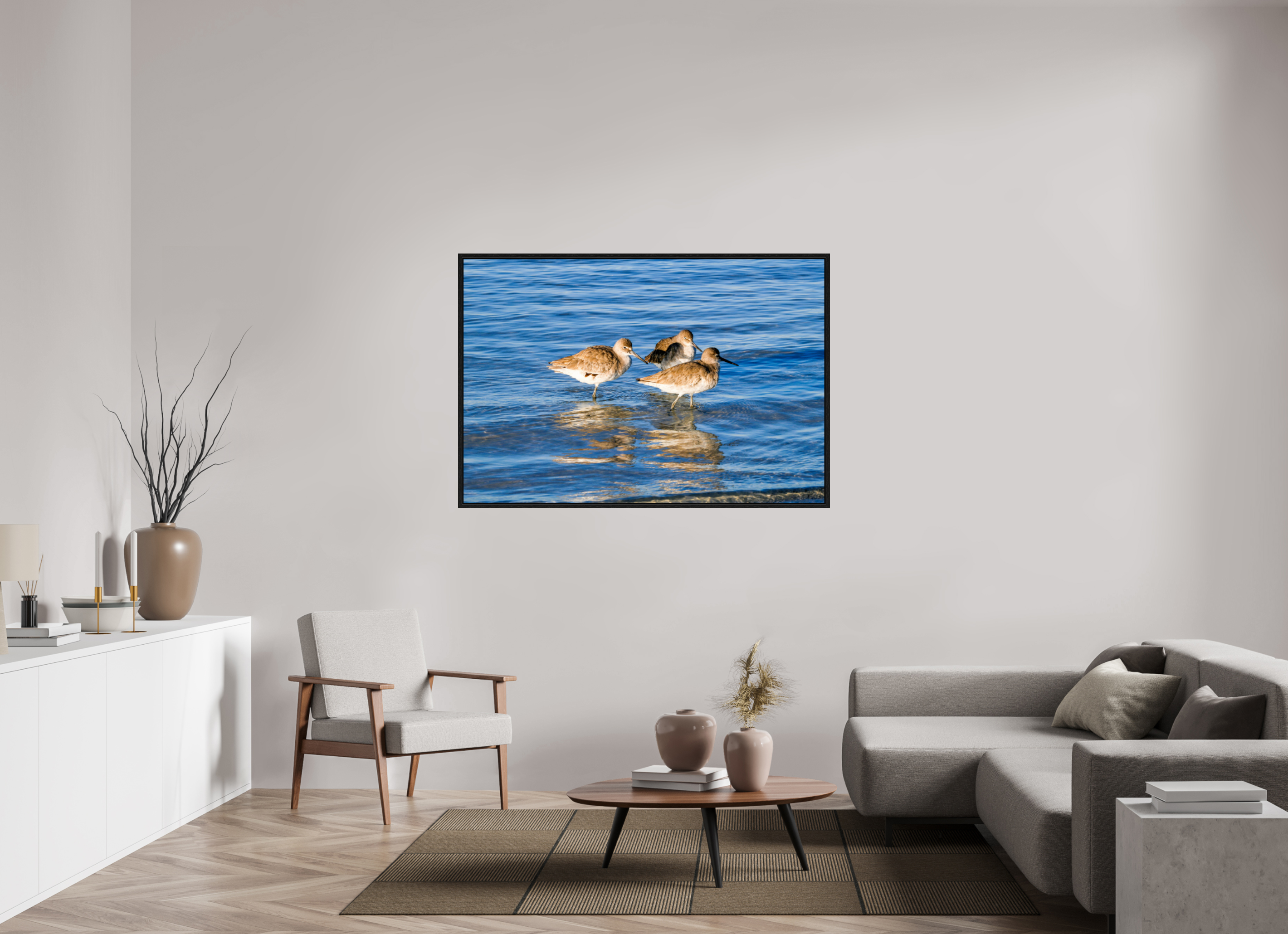57.8 x 39″, Floater Frame, Basel 0.6", Black Oak, Glossy Acrylic Glass The Shoreline Trio: Willets in the Surf