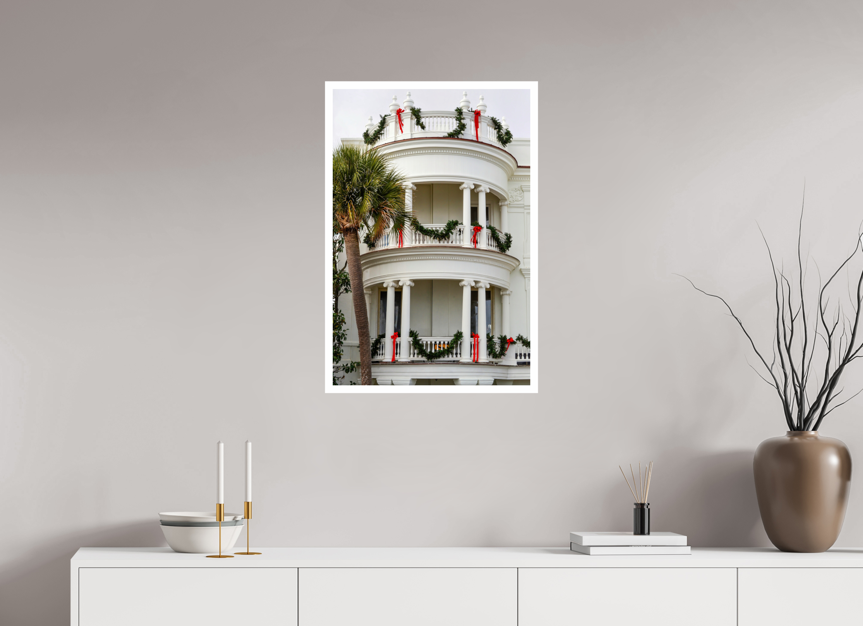 20 x 30″, Hahnemühle FineArt Pearl Print, .79" white border Christmas on the Battery: Porcher-Simonds House