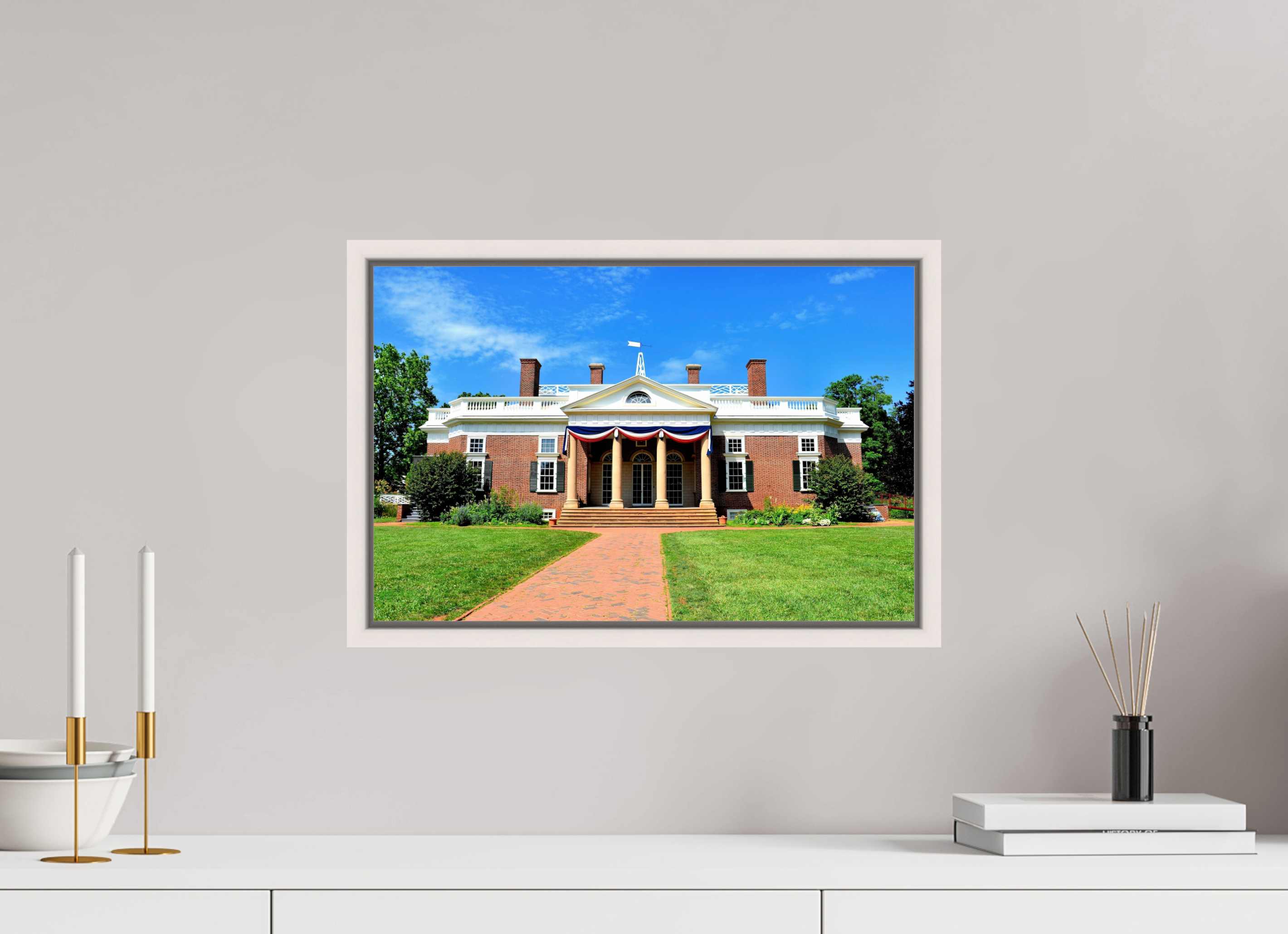 18.3 x 12″, Floater Frame, Basel 0.6", Maple White, Glossy Acrylic Glass Jefferson’s Masterpiece: Monticello at Midday