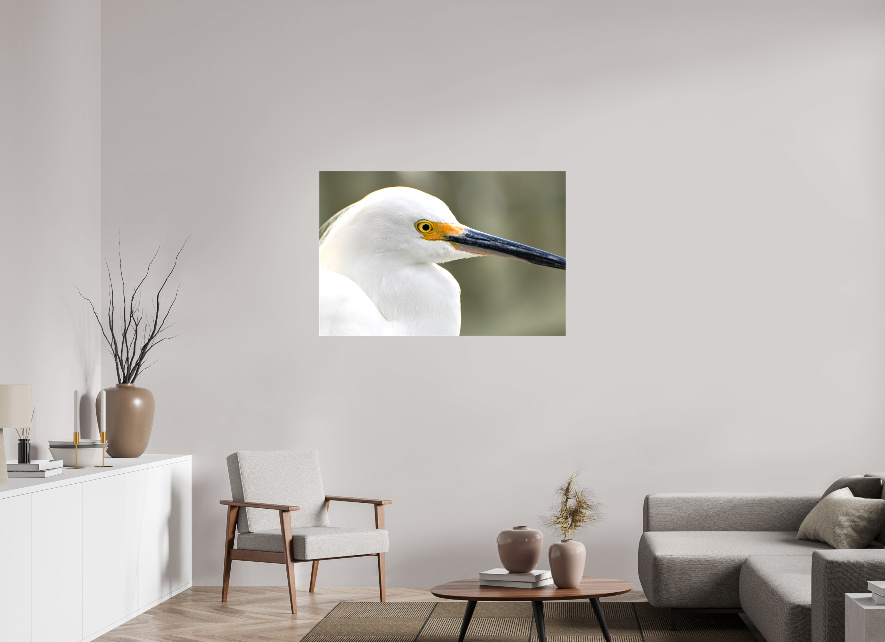 45 x 30″, Glossy Canvas on Stretcher Frame, 1,57" Wrapped The White Plume: Snowy Egret Portrait