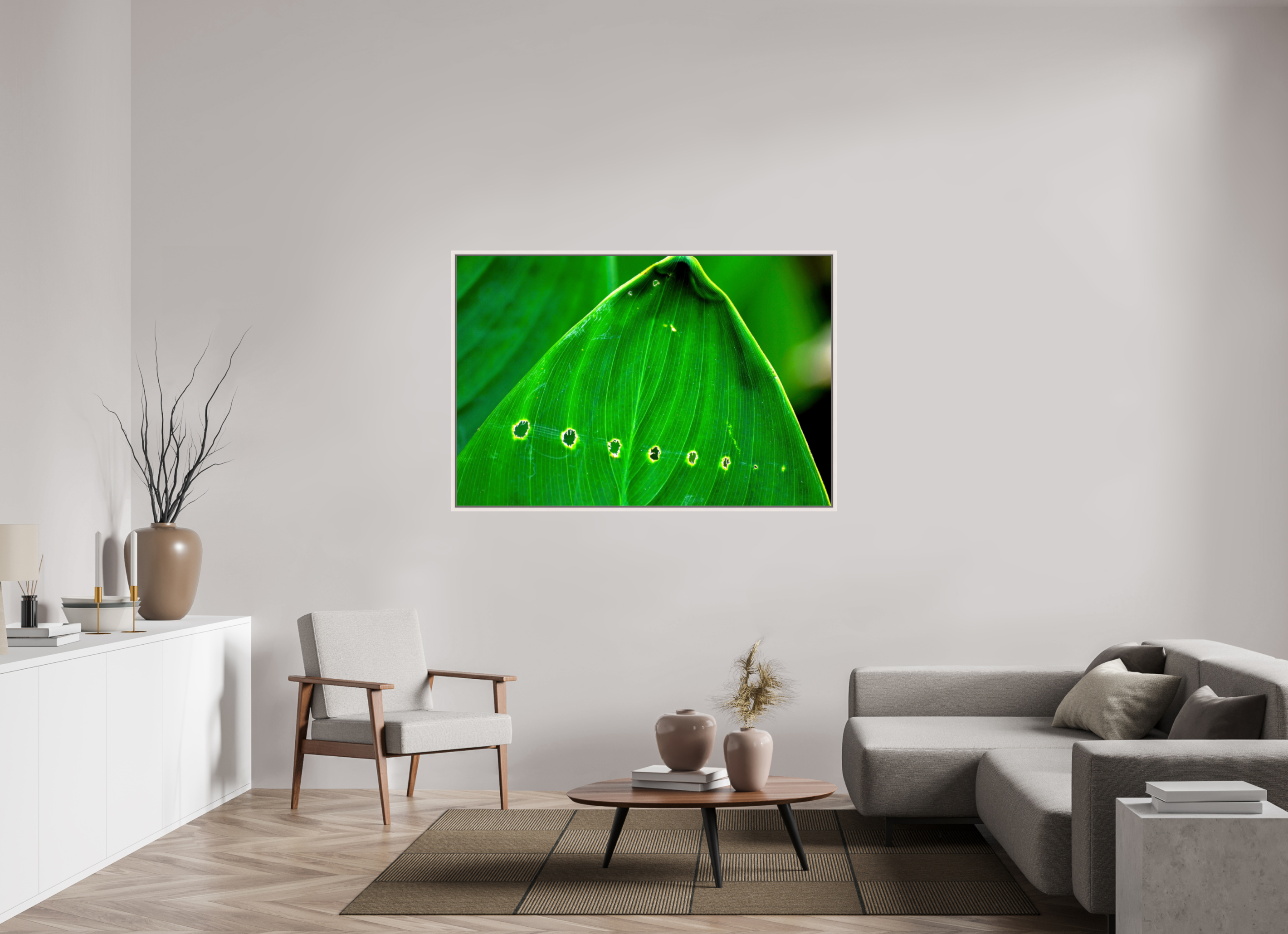 60 x 40″, Floater Frame, Basel 0.6", Maple White, Glossy Acrylic Glass Linear Progression in Green