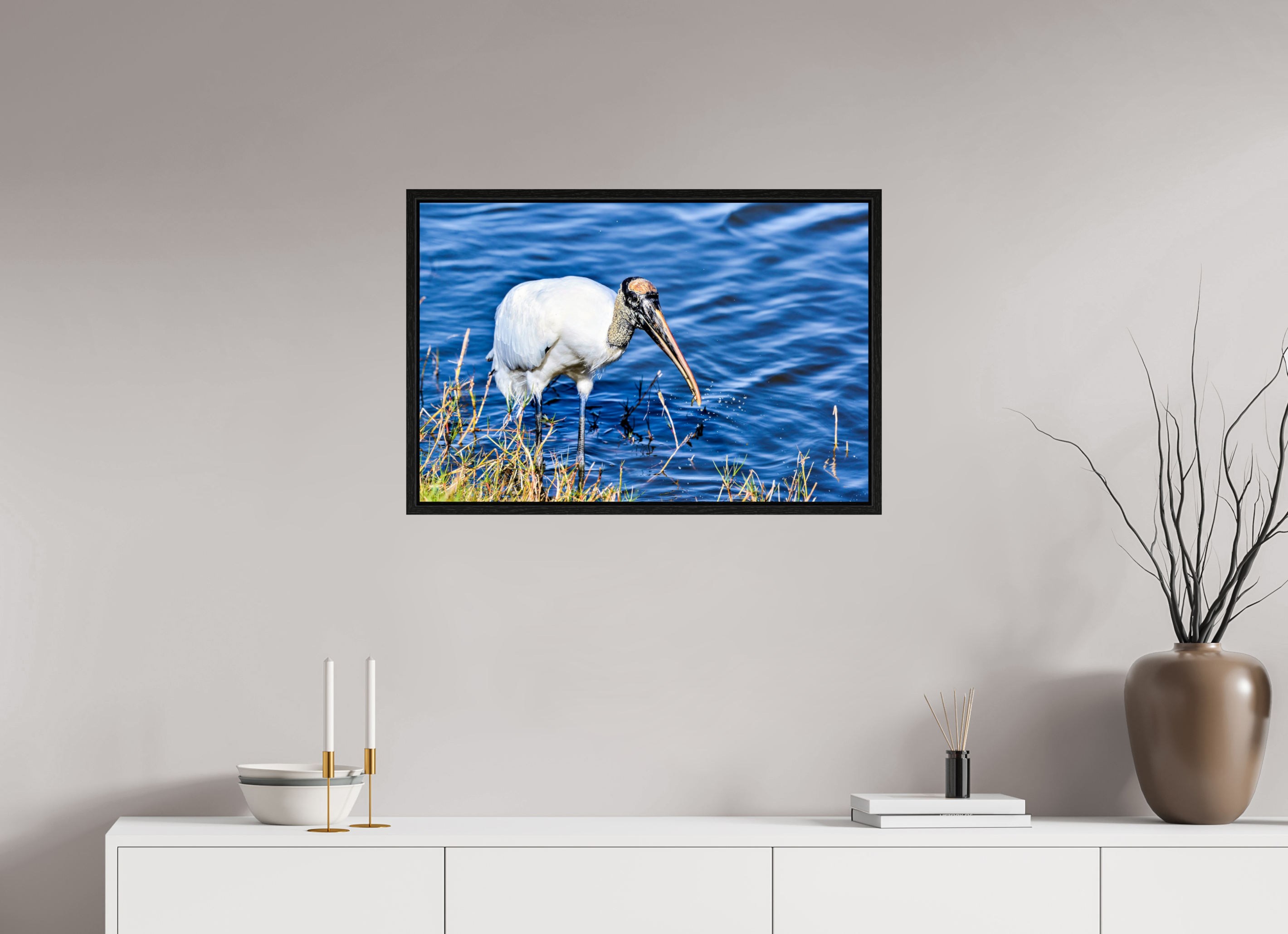 30 x 20″, Floater Frame, Basel 0.6", Black Oak, Glossy Acrylic Glass The Morning Catch: Wood Stork in Action