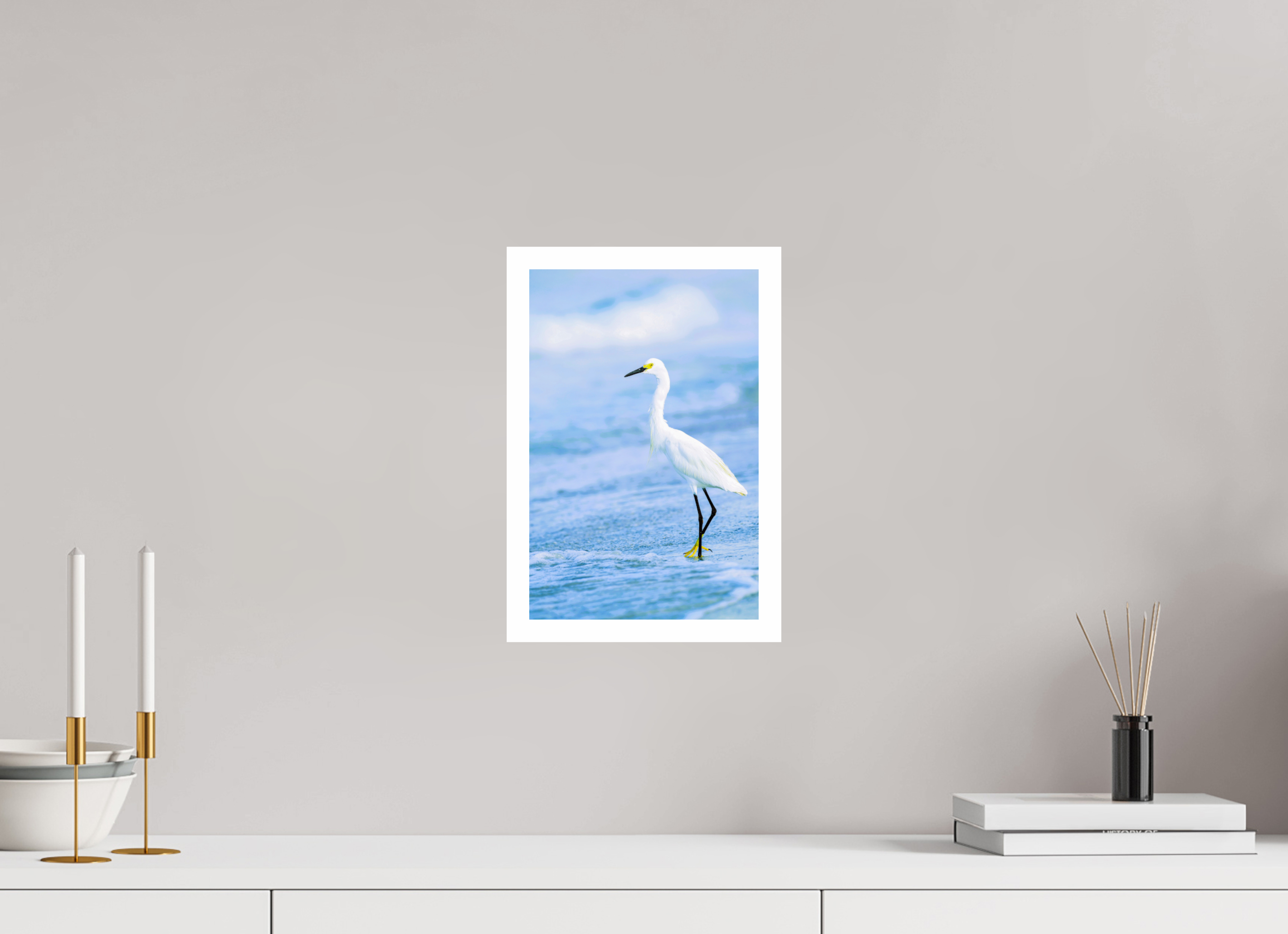 8 x 12.2″, Hahnemühle FineArt Pearl Print, .79" white border Snowy Egret in Azure