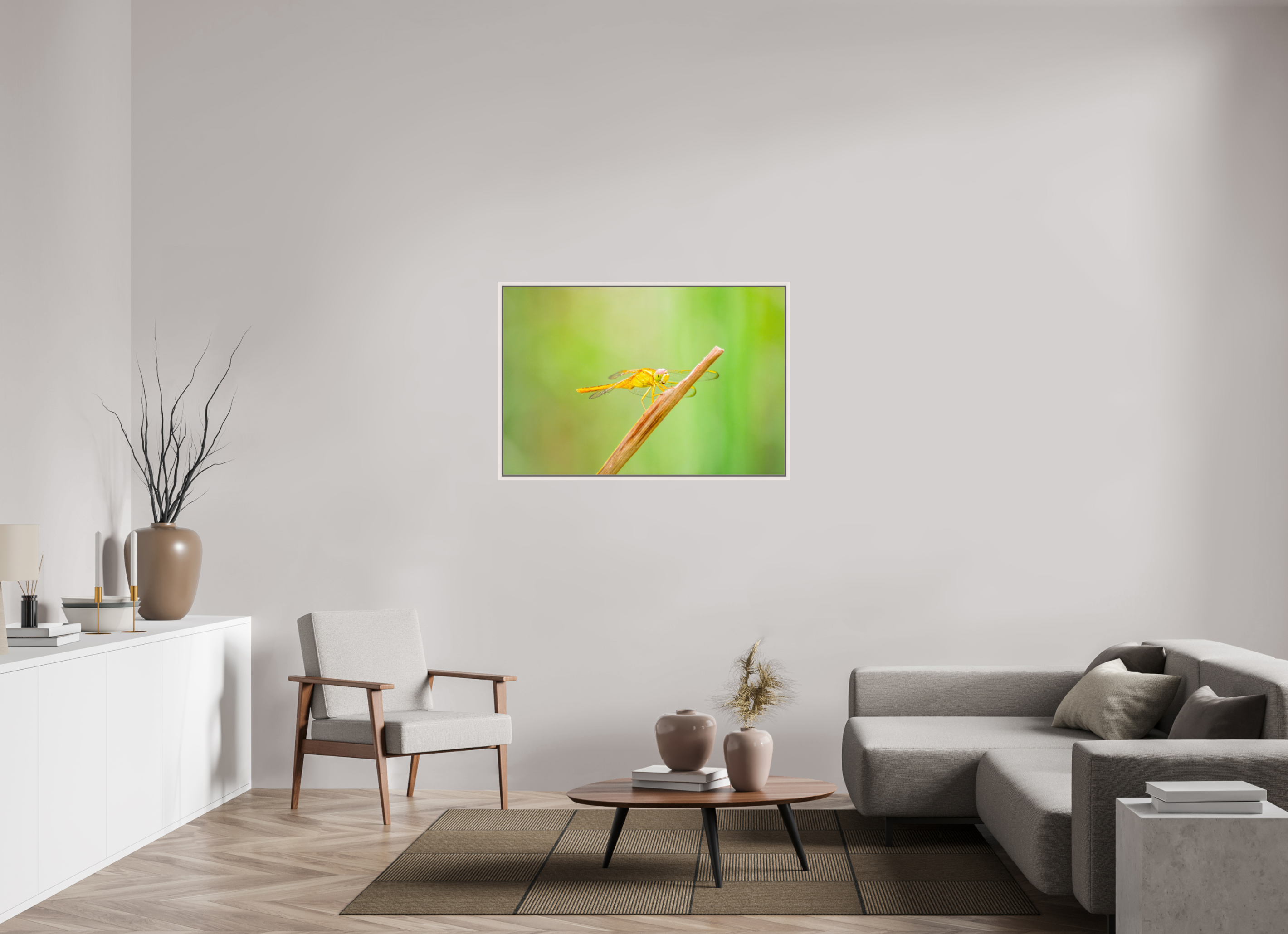 45 x 30″, Floater Frame, Basel 0.6", Maple White, Glossy Acrylic Glass Sun-Drenched Golden Scarlet Skimmer