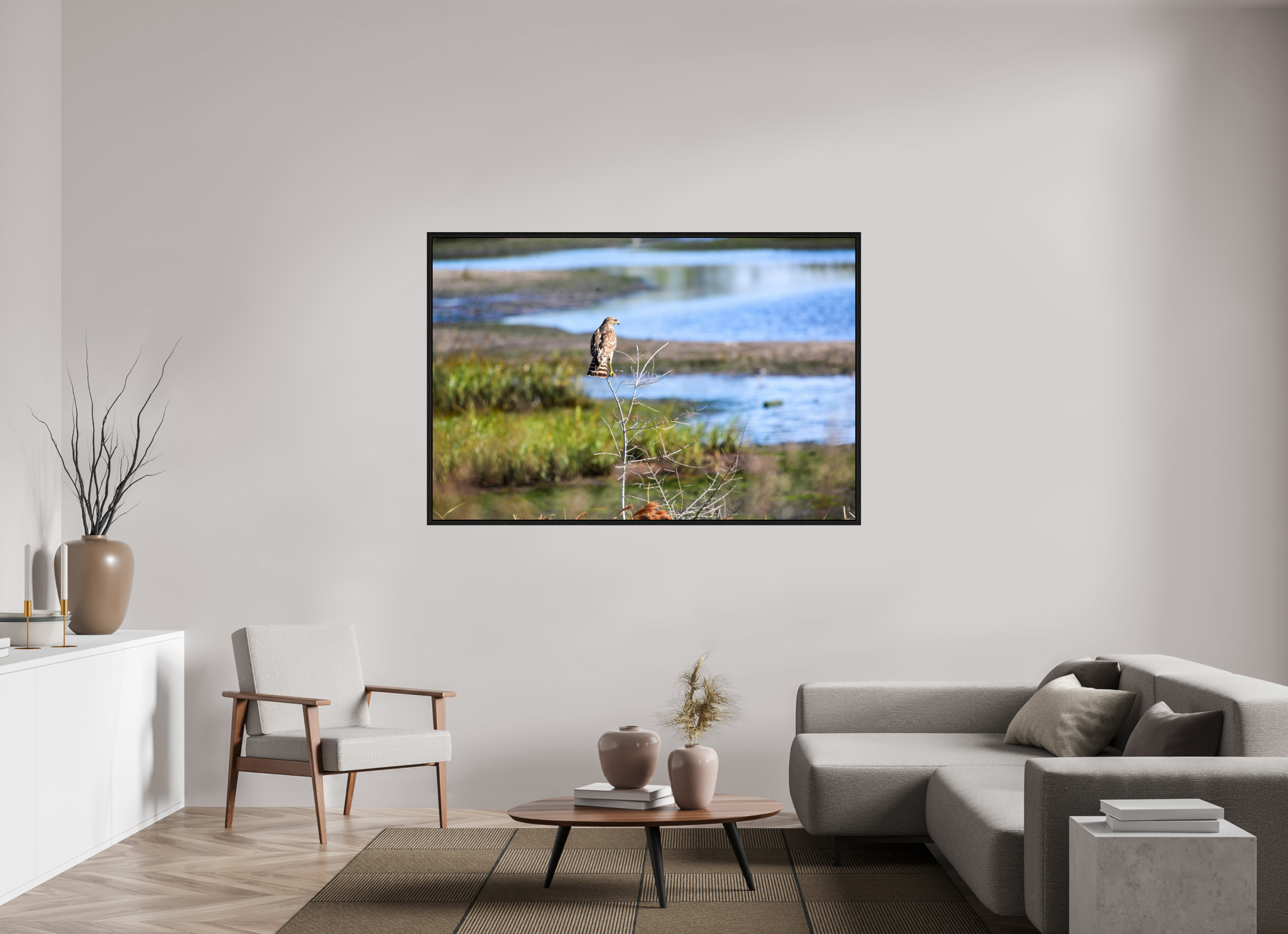 66 x 44″, Floater Frame, Basel 0.6", Black Oak, Glossy Acrylic Glass Guardian of the Marsh
