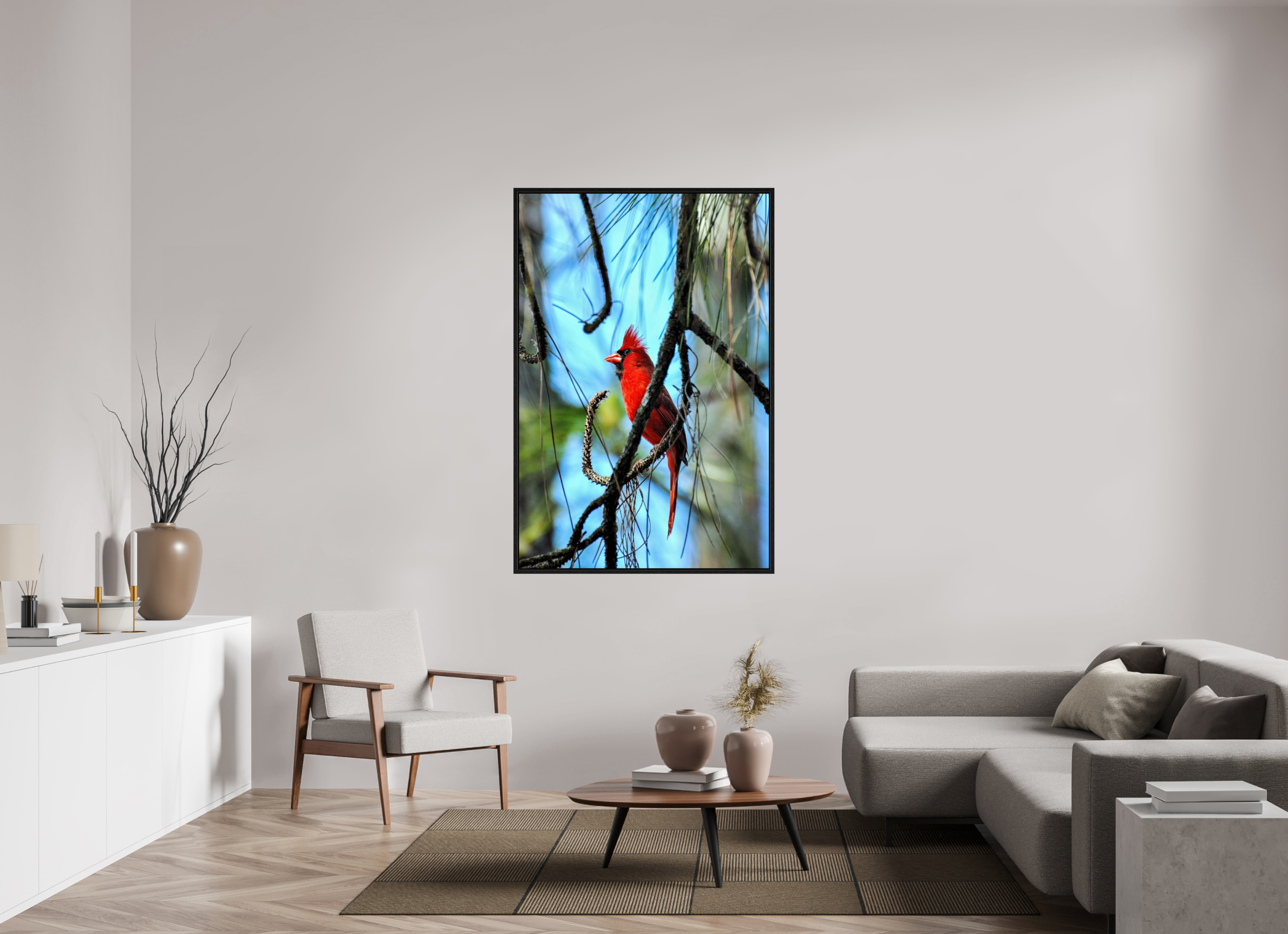 40 x 60″, Floater Frame, Basel 0.6", Black Oak, Glossy Acrylic Glass The Corkscrew Cardinal