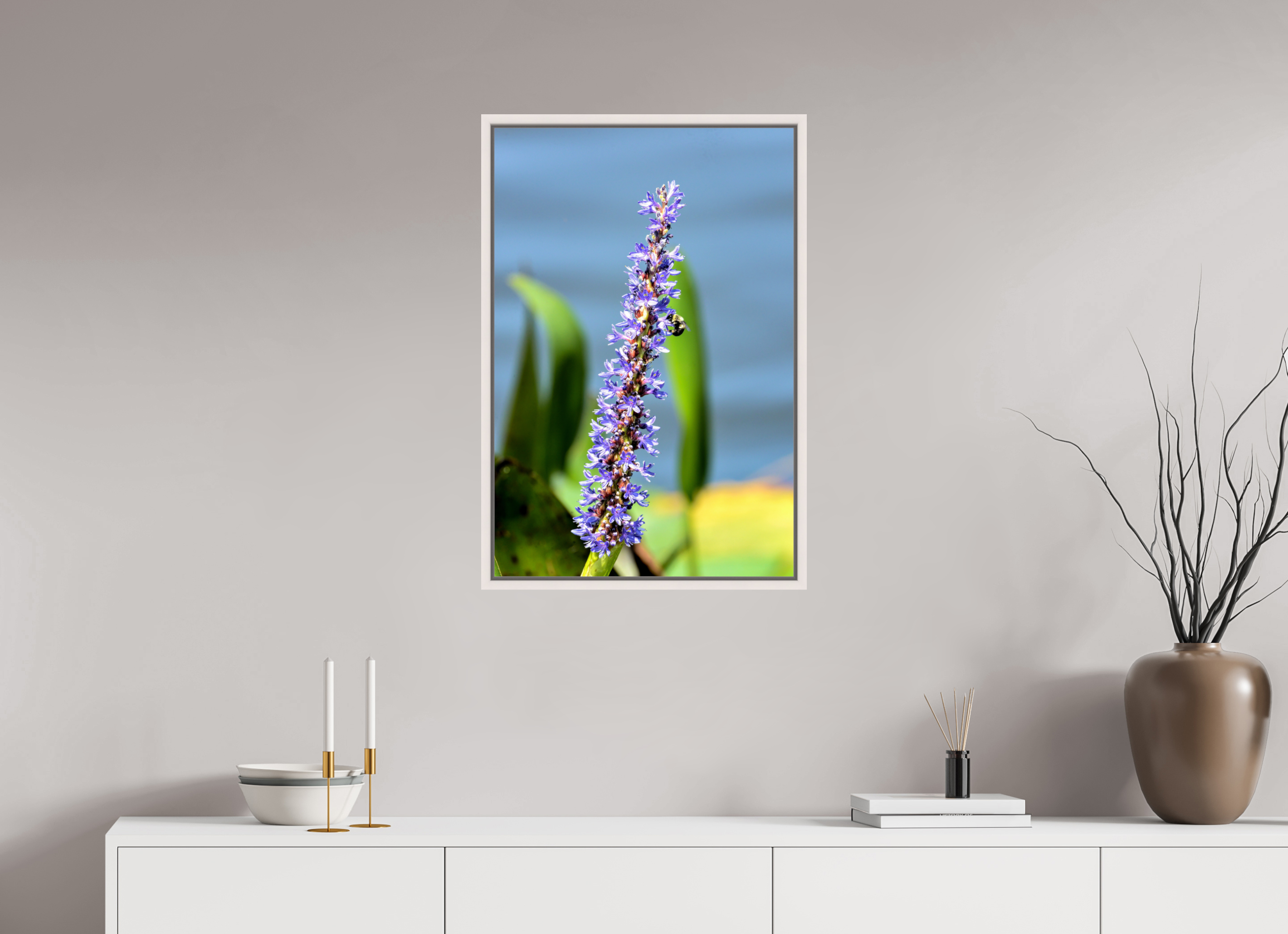 20 x 30″, Floater Frame, Basel 0.6", Maple White, Glossy Acrylic Glass Bloom & Buzz