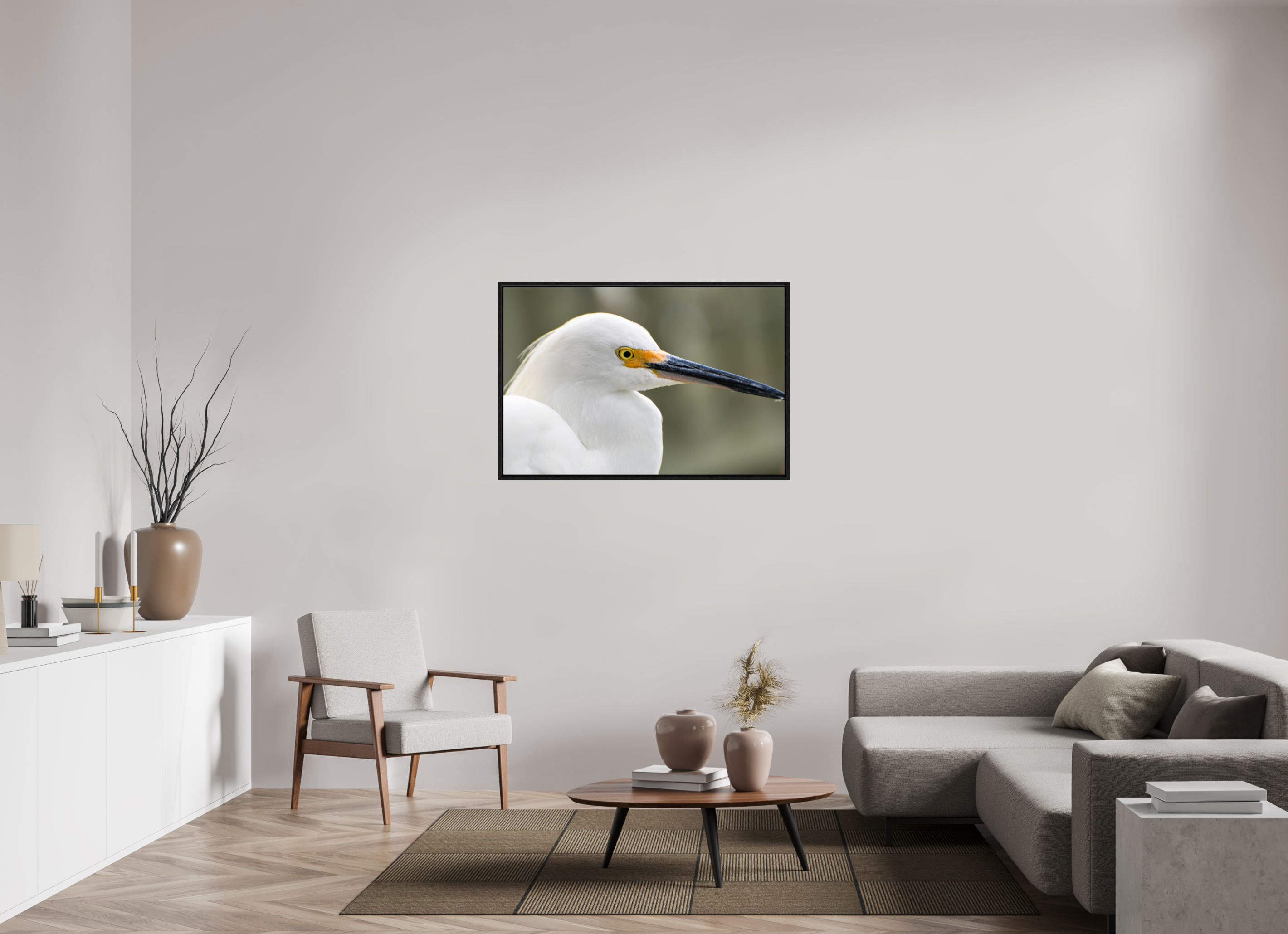 45 x 30″, Floater Frame, Basel 0.6", Black Oak, Glossy Acrylic Glass The White Plume: Snowy Egret Portrait