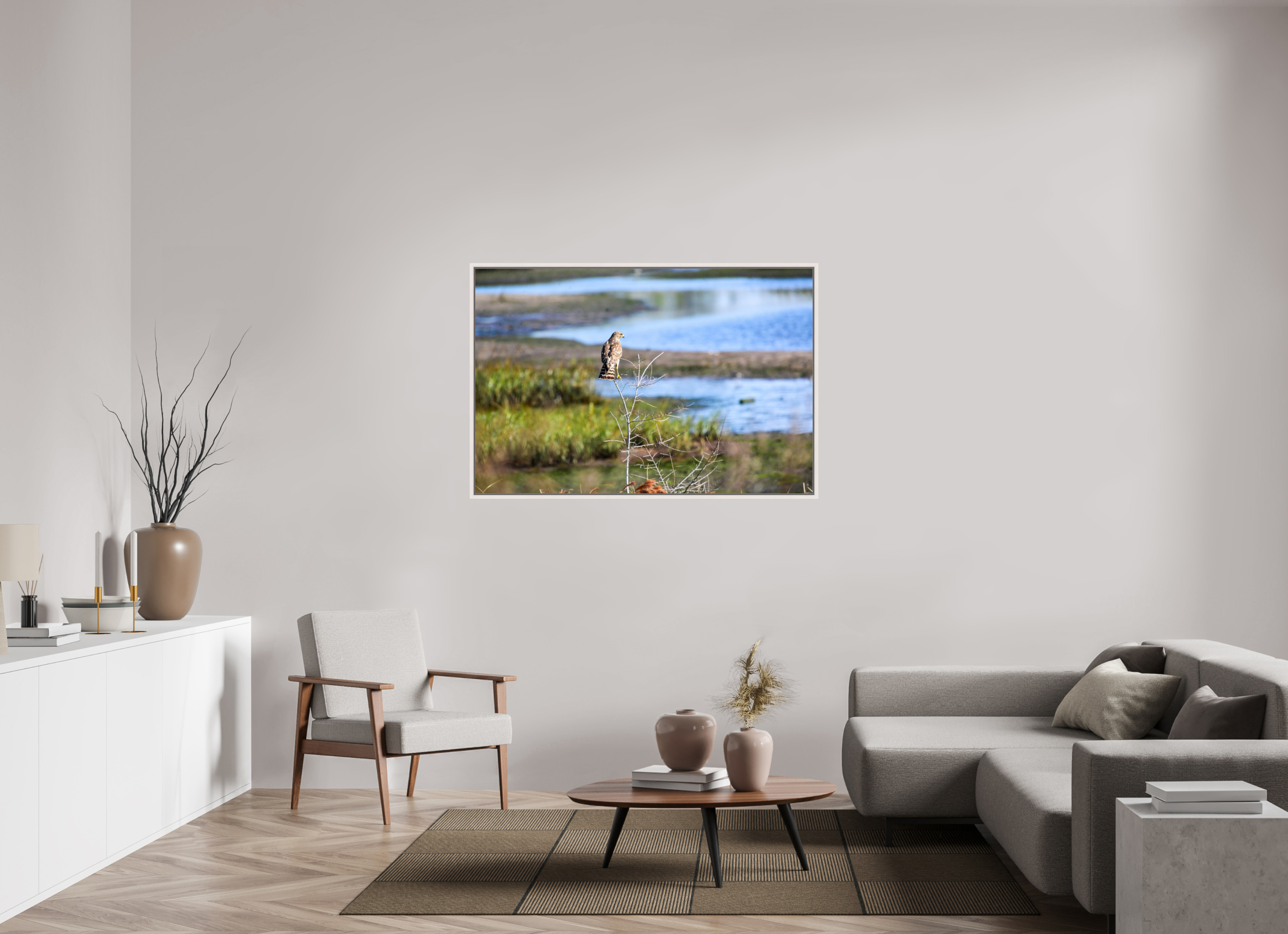 54 x 36″, Floater Frame, Basel 0.6", Maple White, Glossy Acrylic Glass Guardian of the Marsh