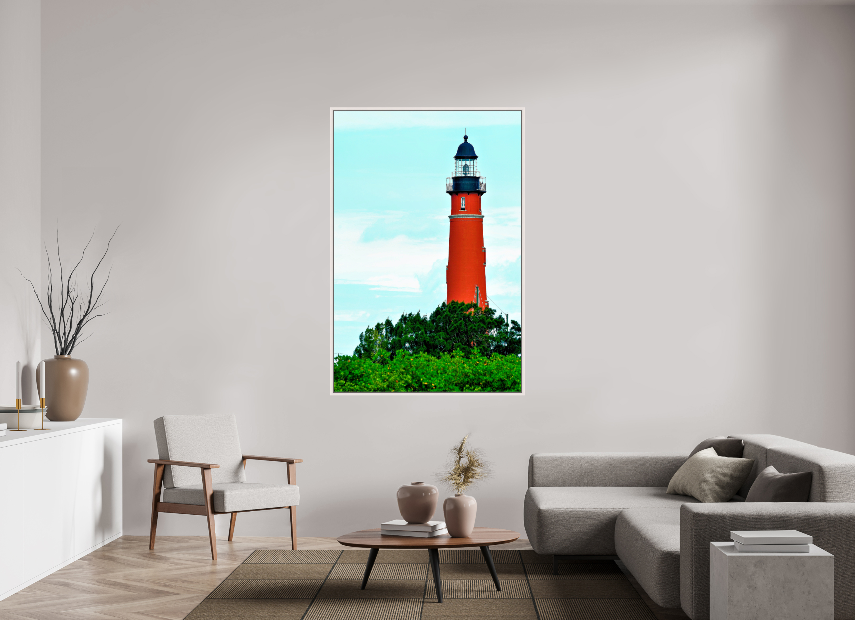 44 x 66″, Floater Frame, Basel 0.6", Maple White, Glossy Acrylic Glass Ponce de Leon Inlet Lighthouse