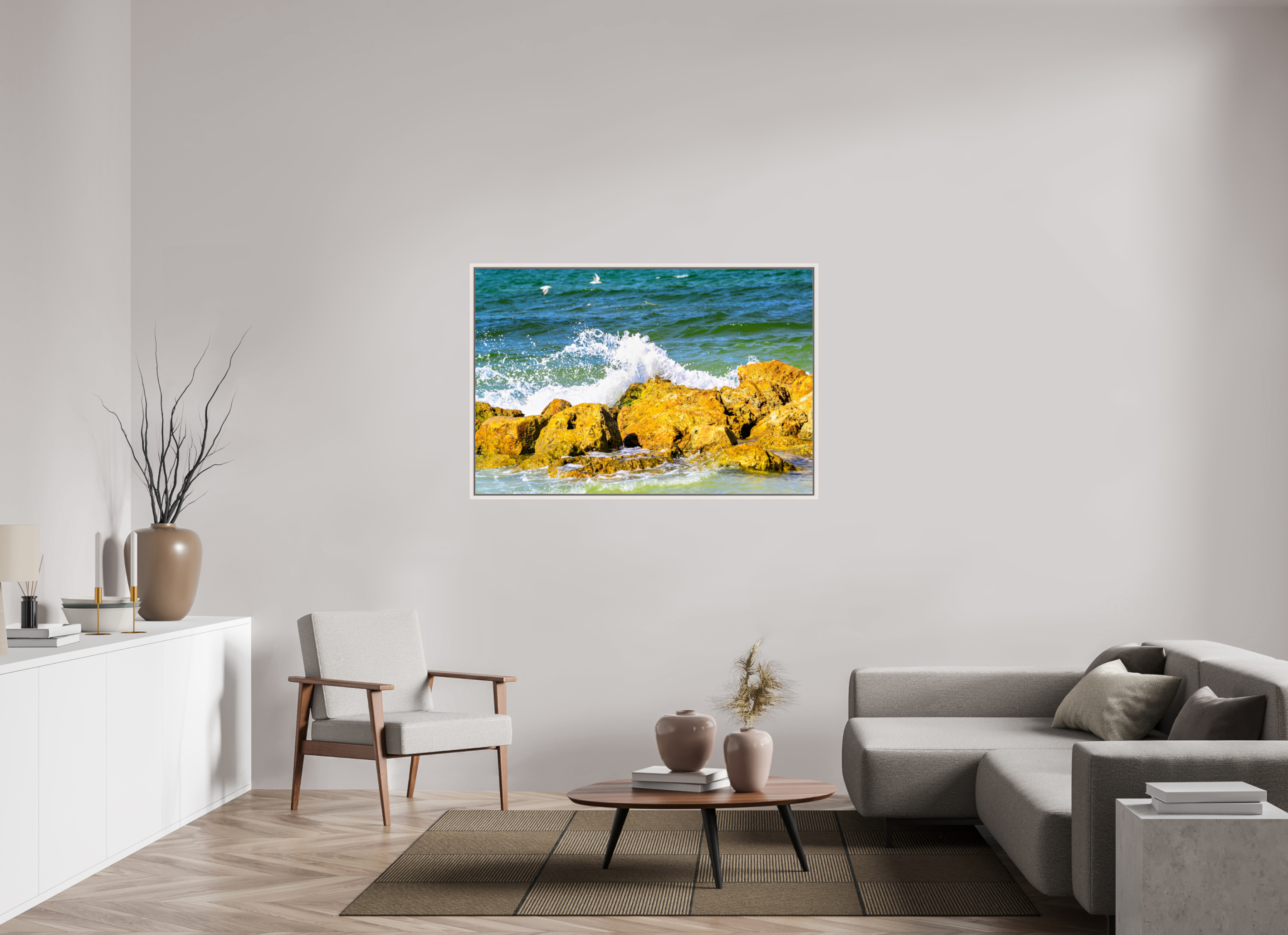 54 x 36″, Floater Frame, Basel 0.6", Maple White, Glossy Acrylic Glass Waves Breaking