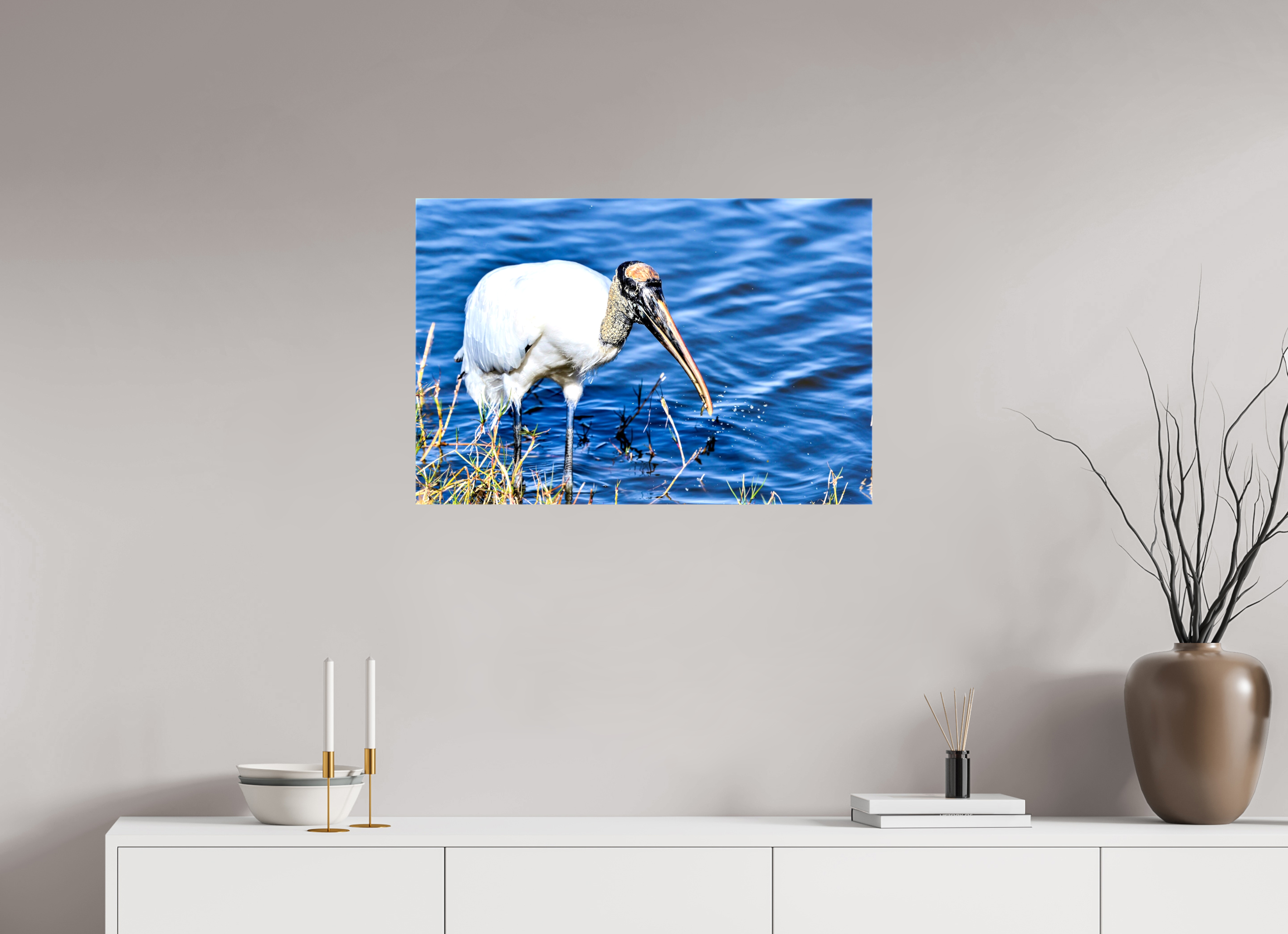 30 x 20″, Glossy Canvas on Stretcher Frame, 1,57" Wrapped The Morning Catch: Wood Stork in Action
