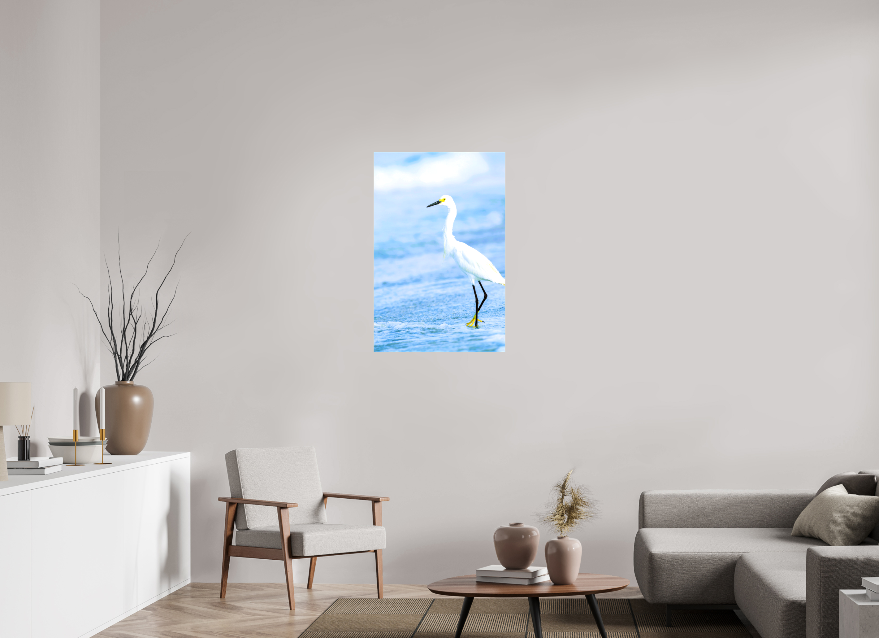 24 x 36.6″, Glossy Canvas on Stretcher Frame, 1,57" Wrapped Snowy Egret in Azure