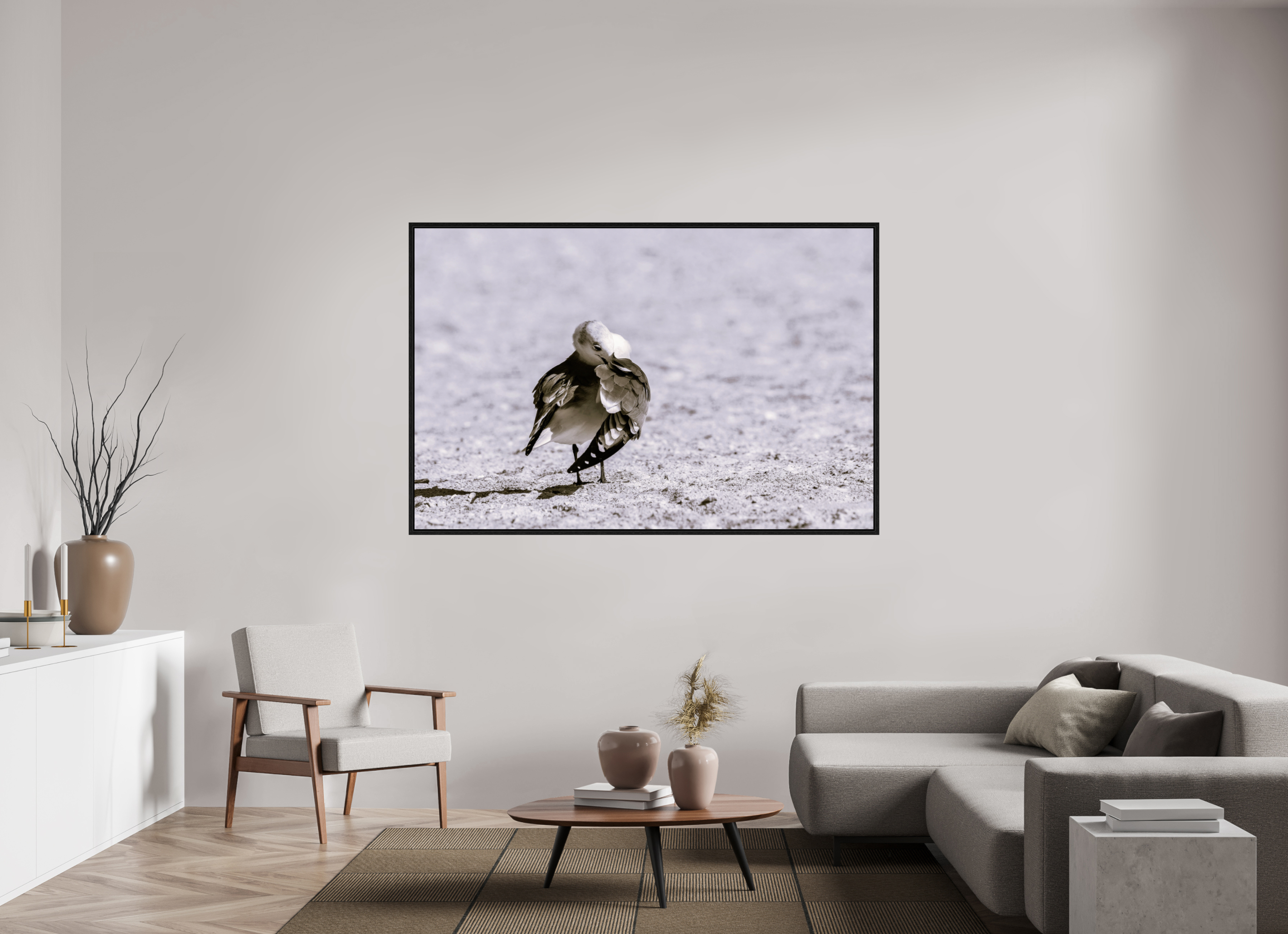 71.7 x 47″, Floater Frame A Monochrome Gull Preening