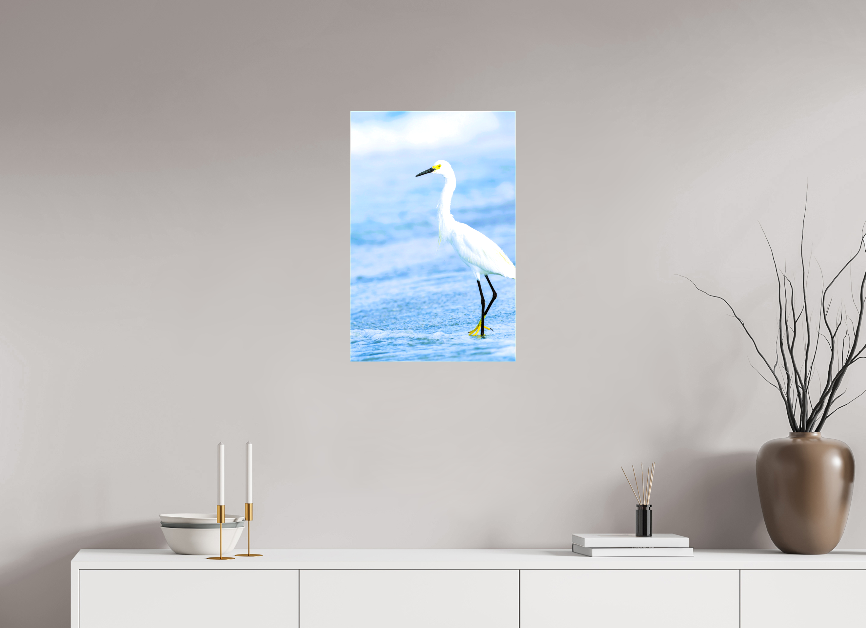 16 x 24.4″, Glossy Canvas on Stretcher Frame, 1,57" Wrapped Snowy Egret in Azure