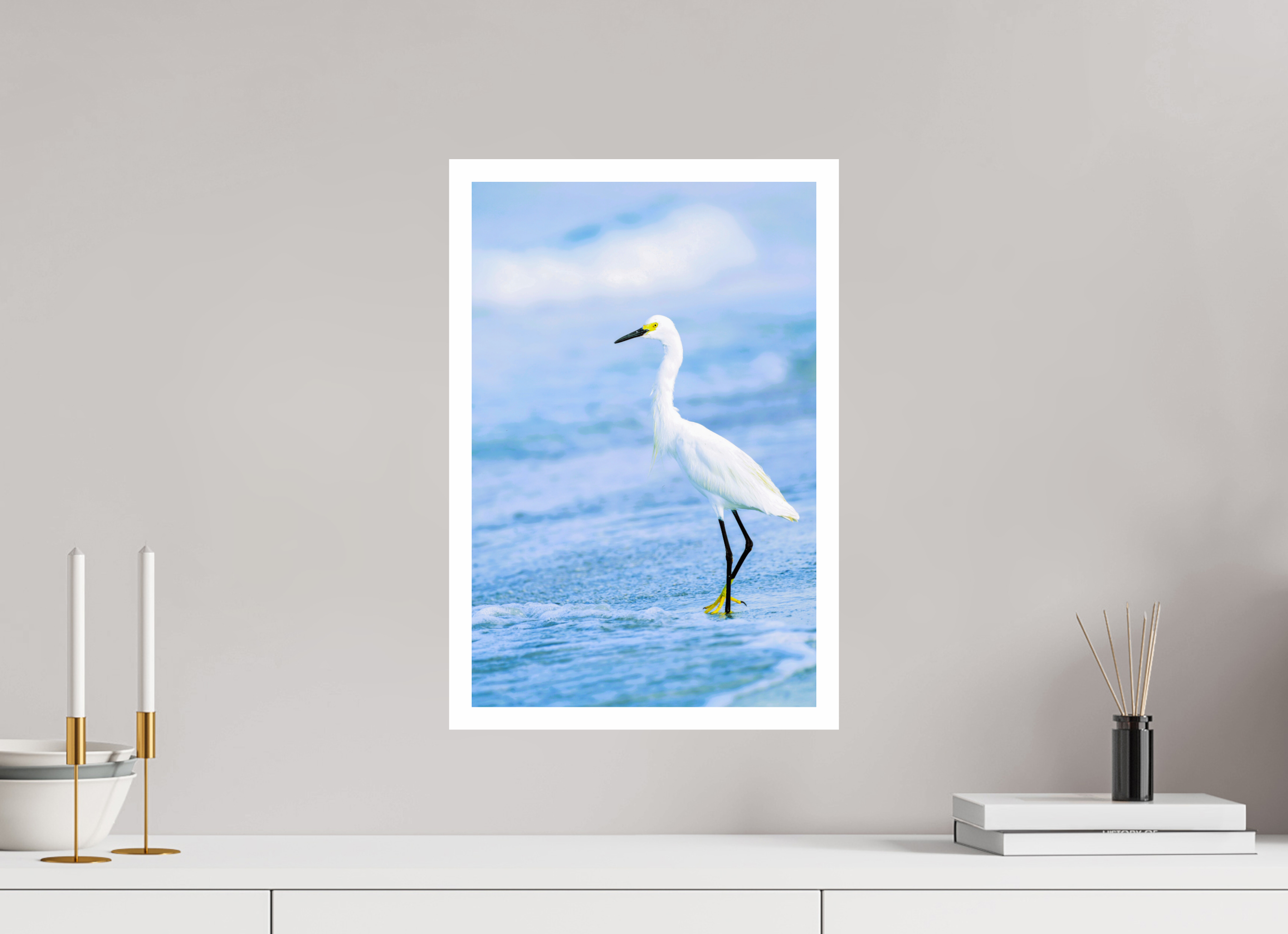 12 x 18.3″, Hahnemühle FineArt Pearl Print, .79" white border Snowy Egret in Azure