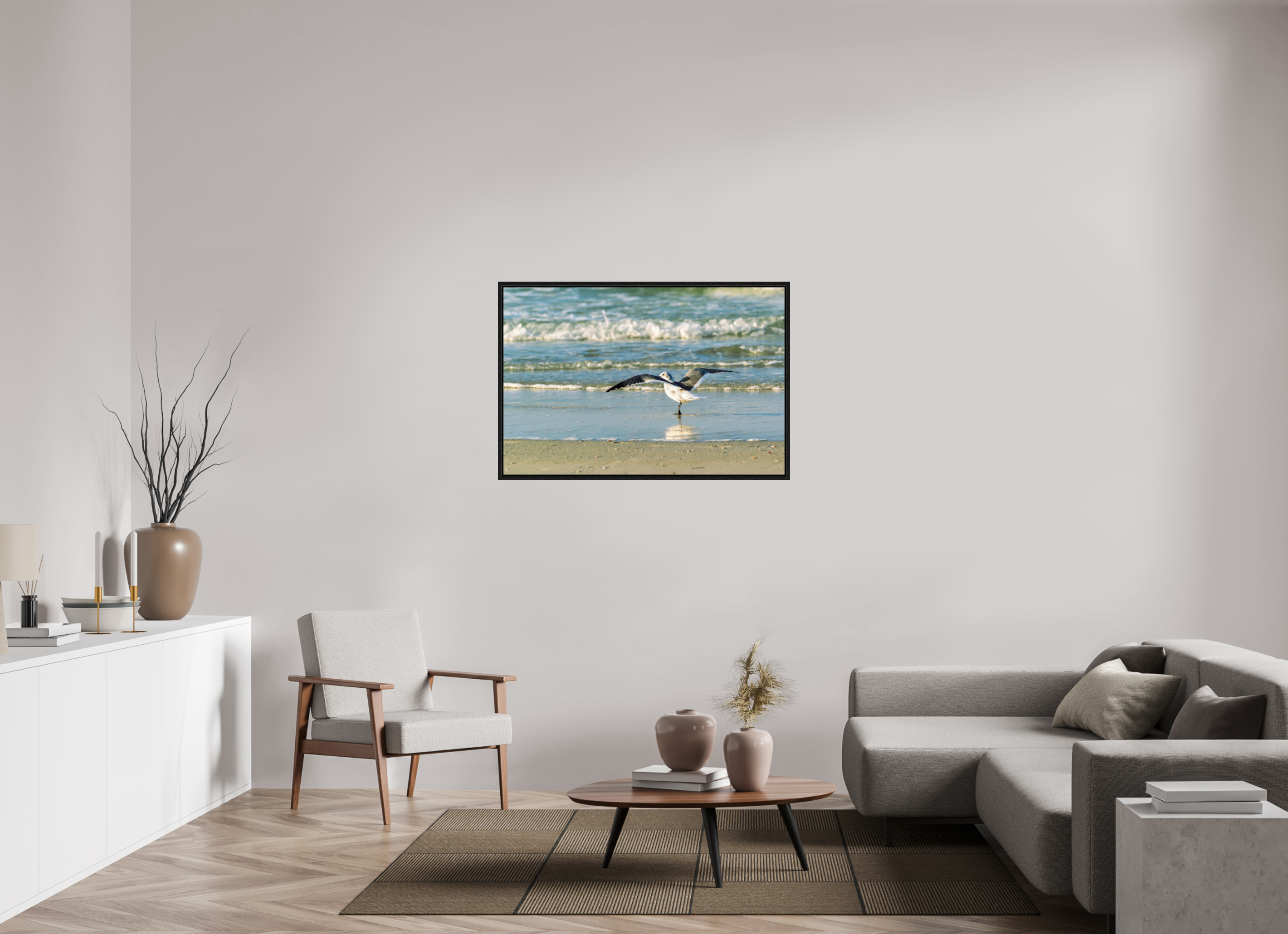 45 x 30″, Floater Frame Laughing Gull in Motion