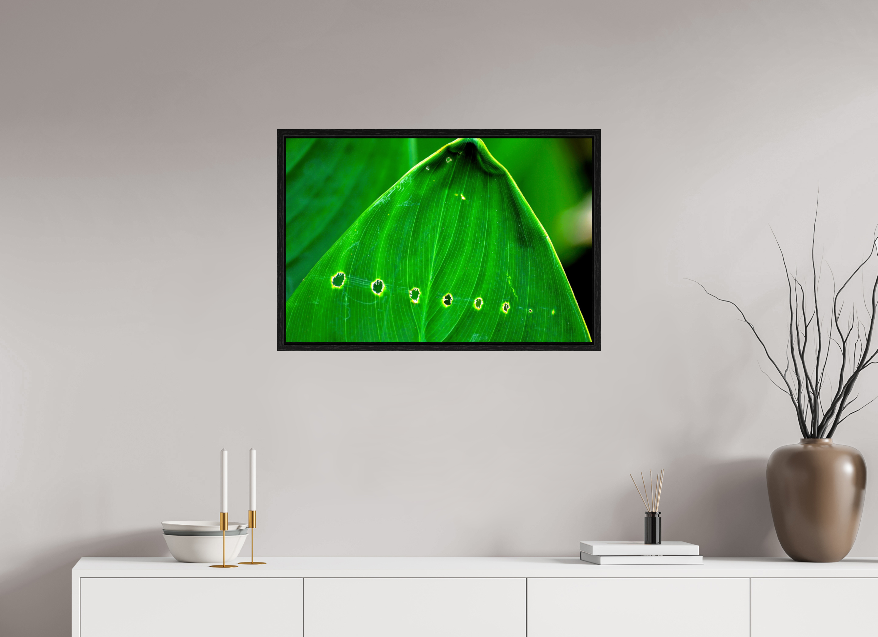 30 x 20″, Floater Frame, Basel 0.6", Black Oak, Glossy Acrylic Glass Linear Progression in Green