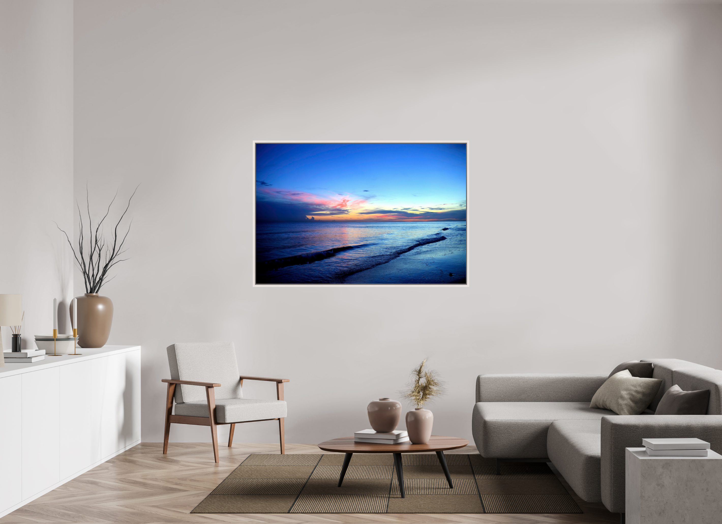 60 x 40″, Floater Frame, Basel 0.6", Maple White, Glossy Acrylic Glass Indigo Horizon