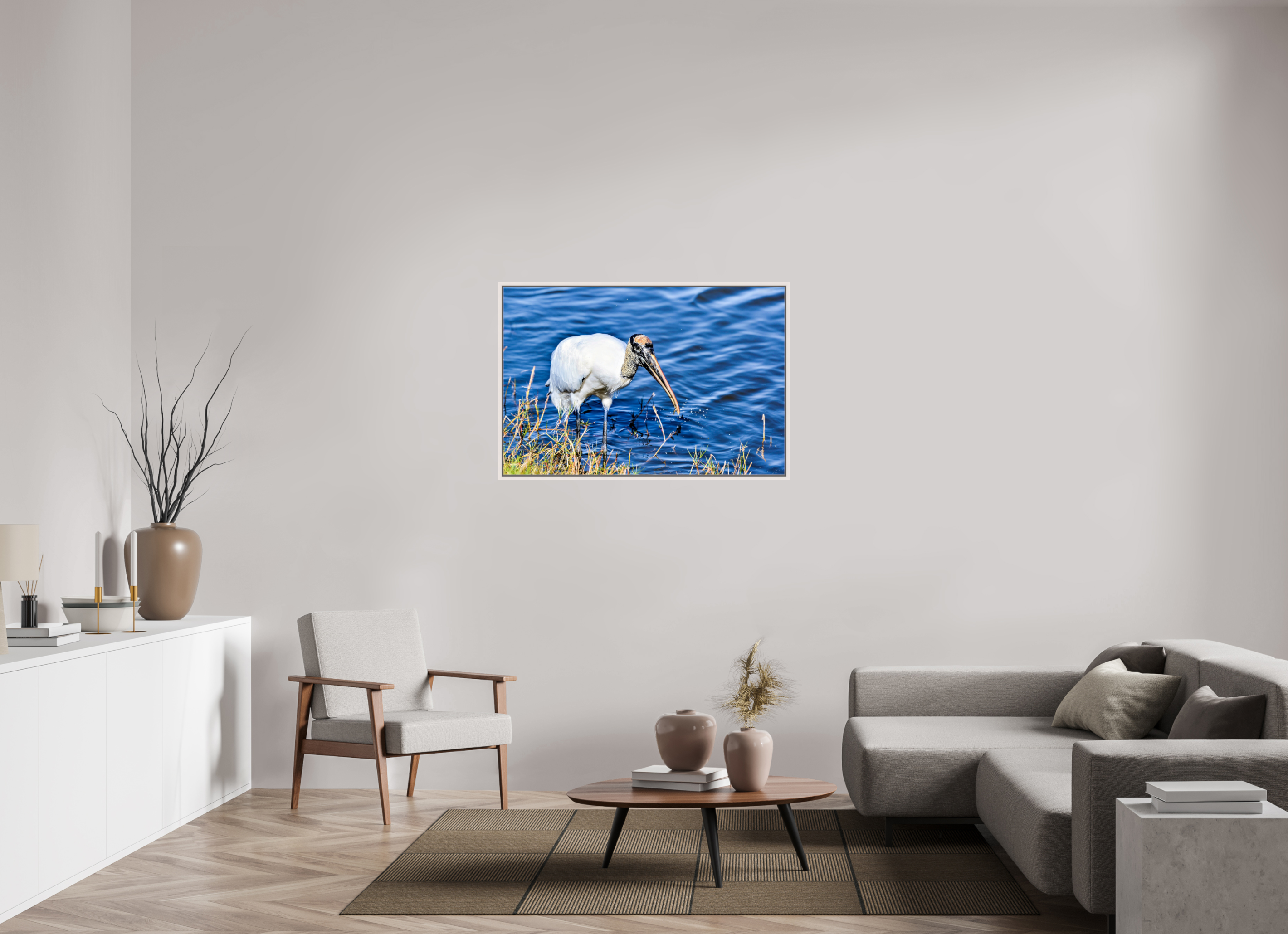 45 x 30″, Floater Frame, Basel 0.6", Maple White, Glossy Acrylic Glass The Morning Catch: Wood Stork in Action
