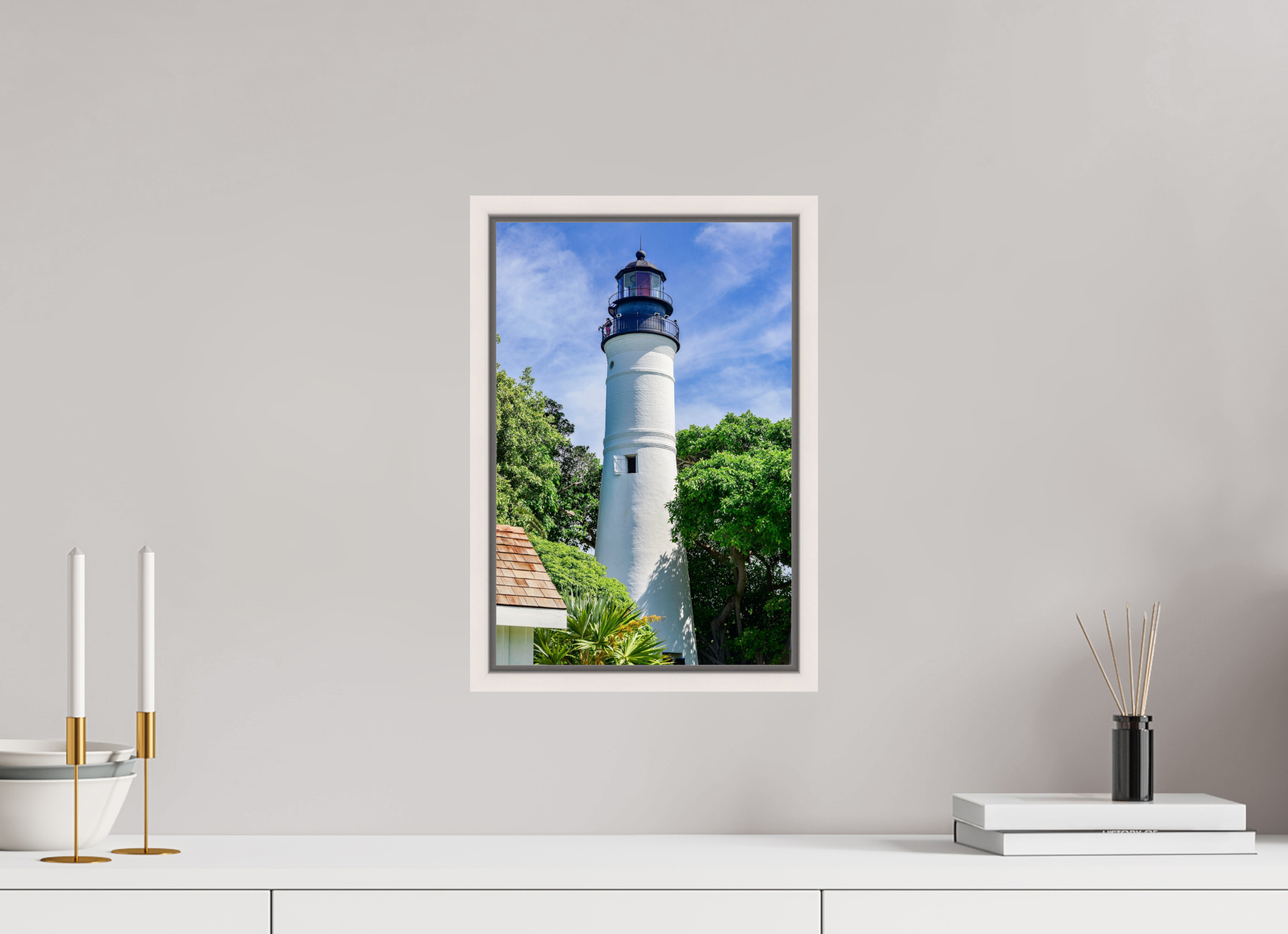 10 x 15″, Floater Frame, Basel 0.6", Maple White, Glossy Acrylic Glass The Historic Key West Lighthouse