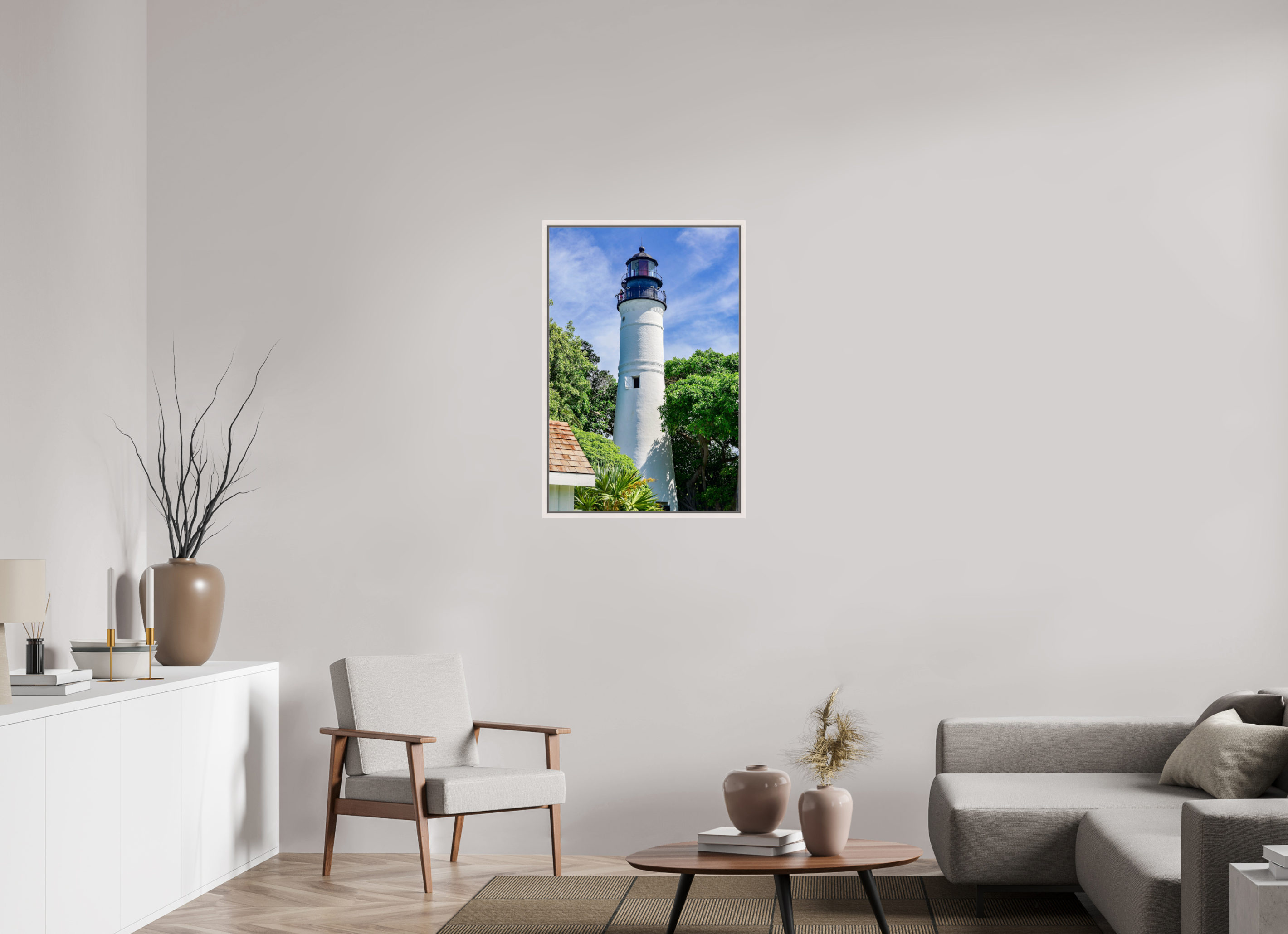 24 x 36″, Floater Frame, Basel 0.6", Maple White, Glossy Acrylic Glass The Historic Key West Lighthouse