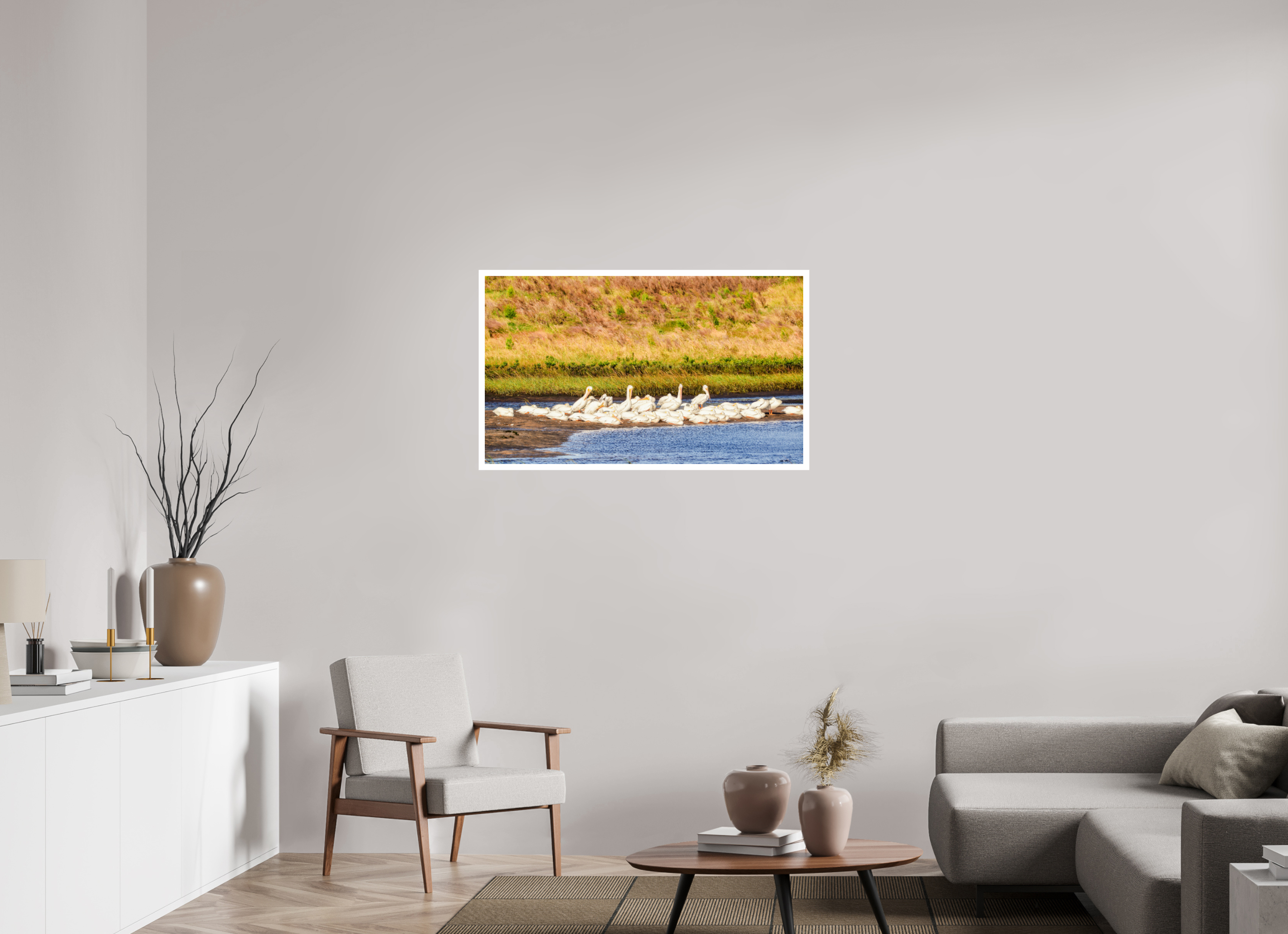 40.7 x 24″, Hahnemühle FineArt Pearl Print, .79" white border White Pelicans Golden Hour Gathering